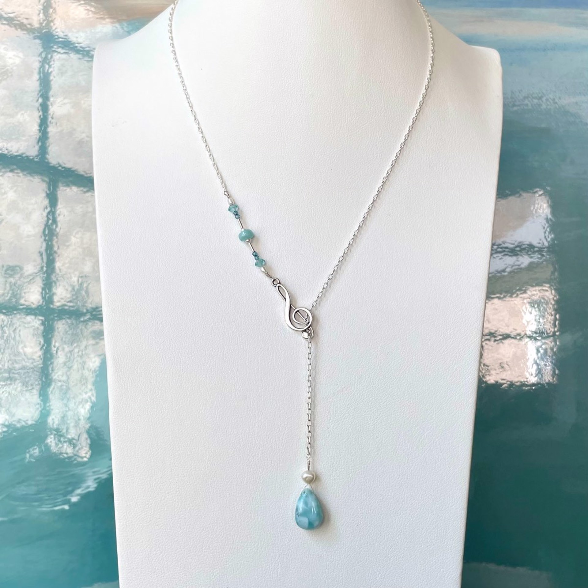 Larimar, Apatite, Pearls, and Sterling Silver Treble Clef Necklace by Lisa Kelley