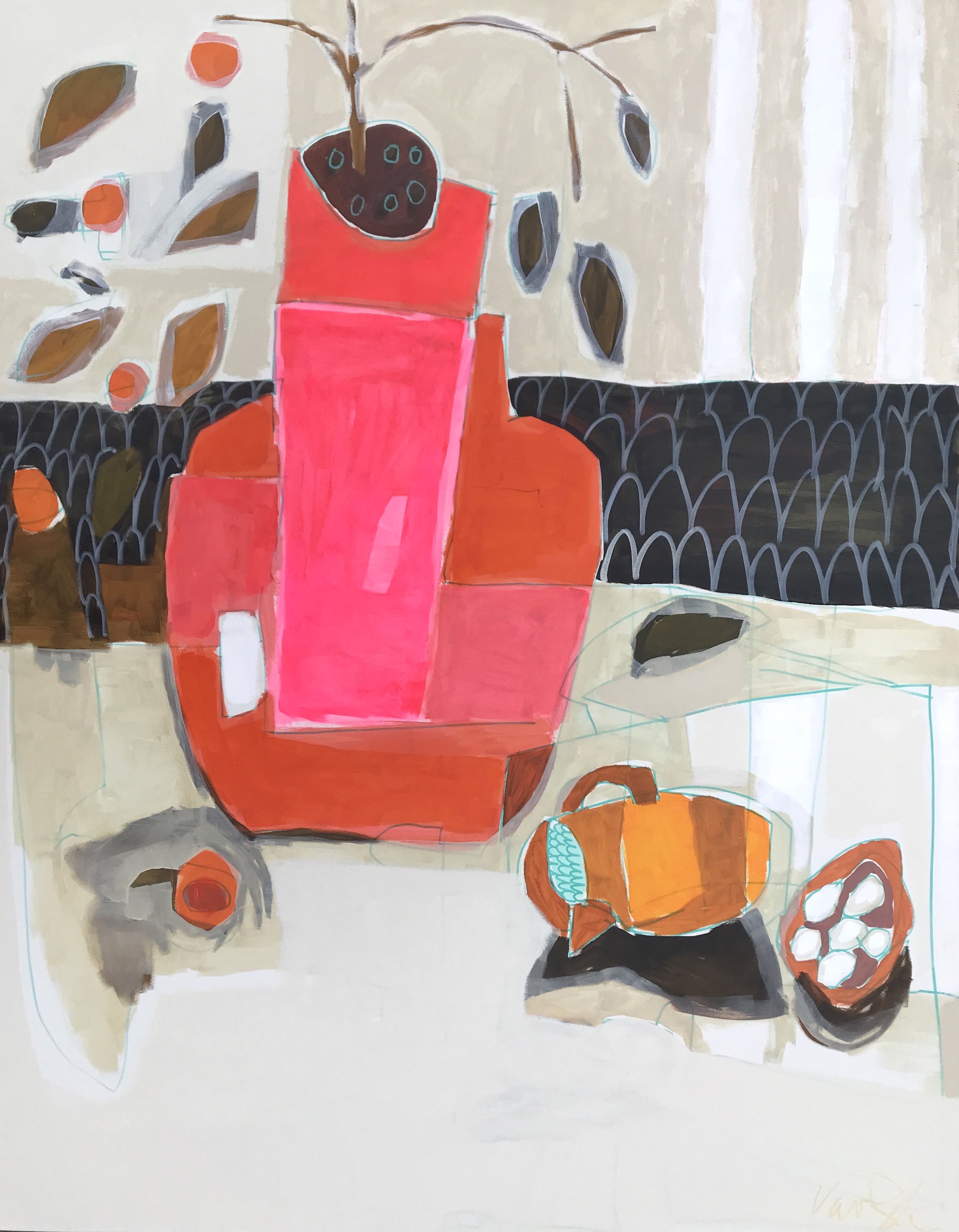 Mandarin Tree, Overturned Pitcher and Eggs on Table by Rachael Van Dyke