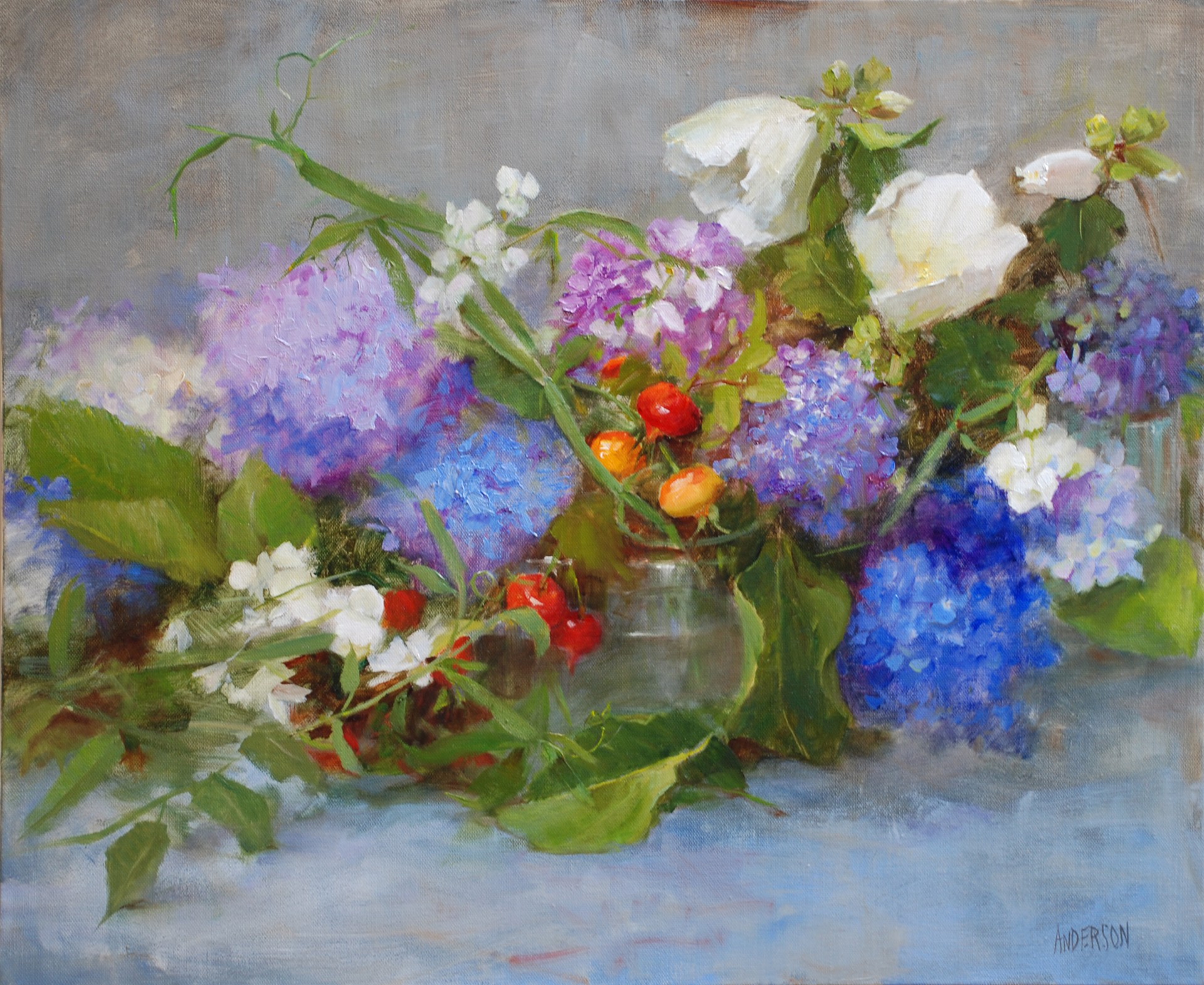Blue Hydrangea with Rose Hips by Kathy Anderson