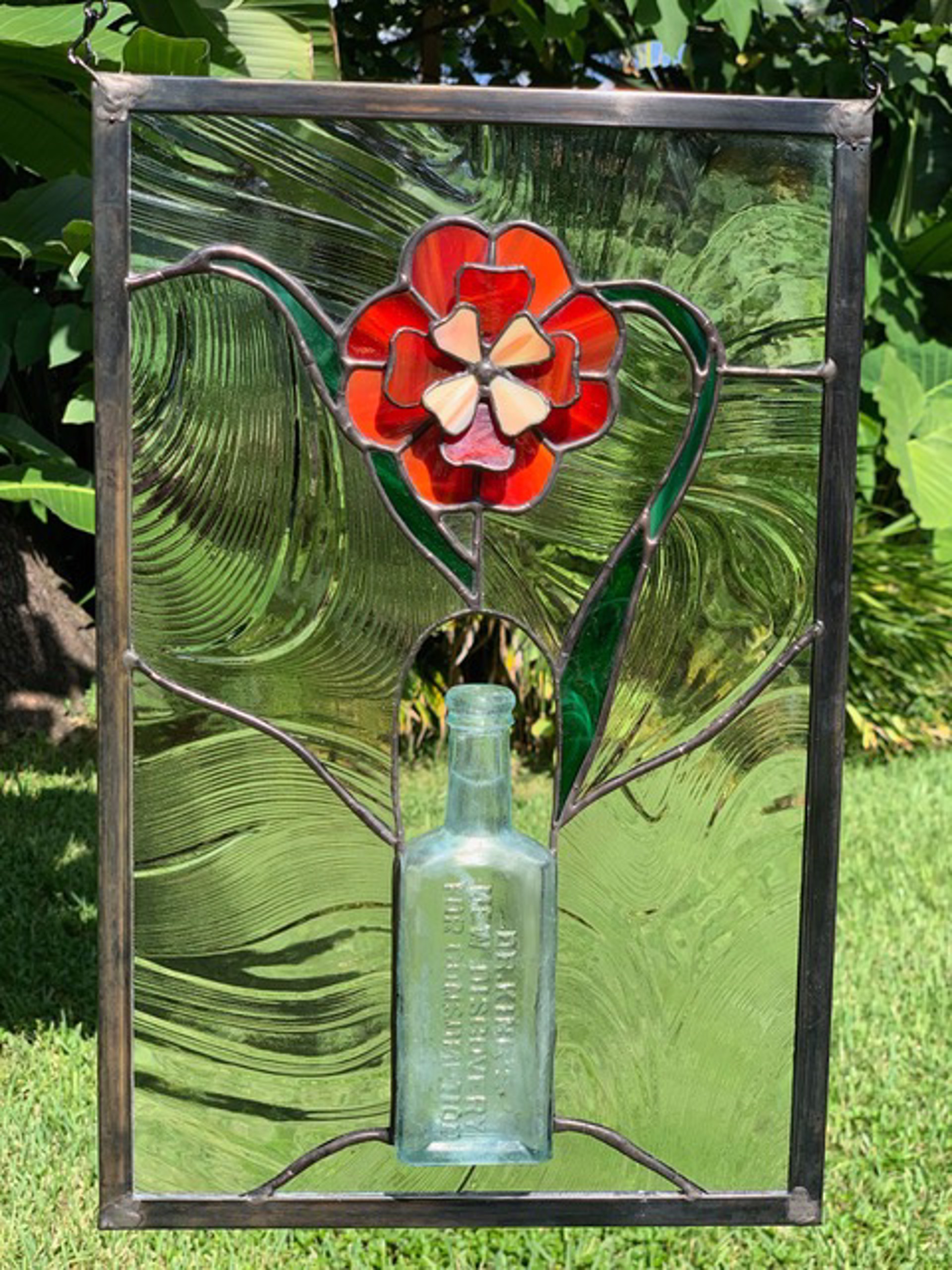 Rescued River Bottles, 3-D Flower in Red by Shelly Vokes