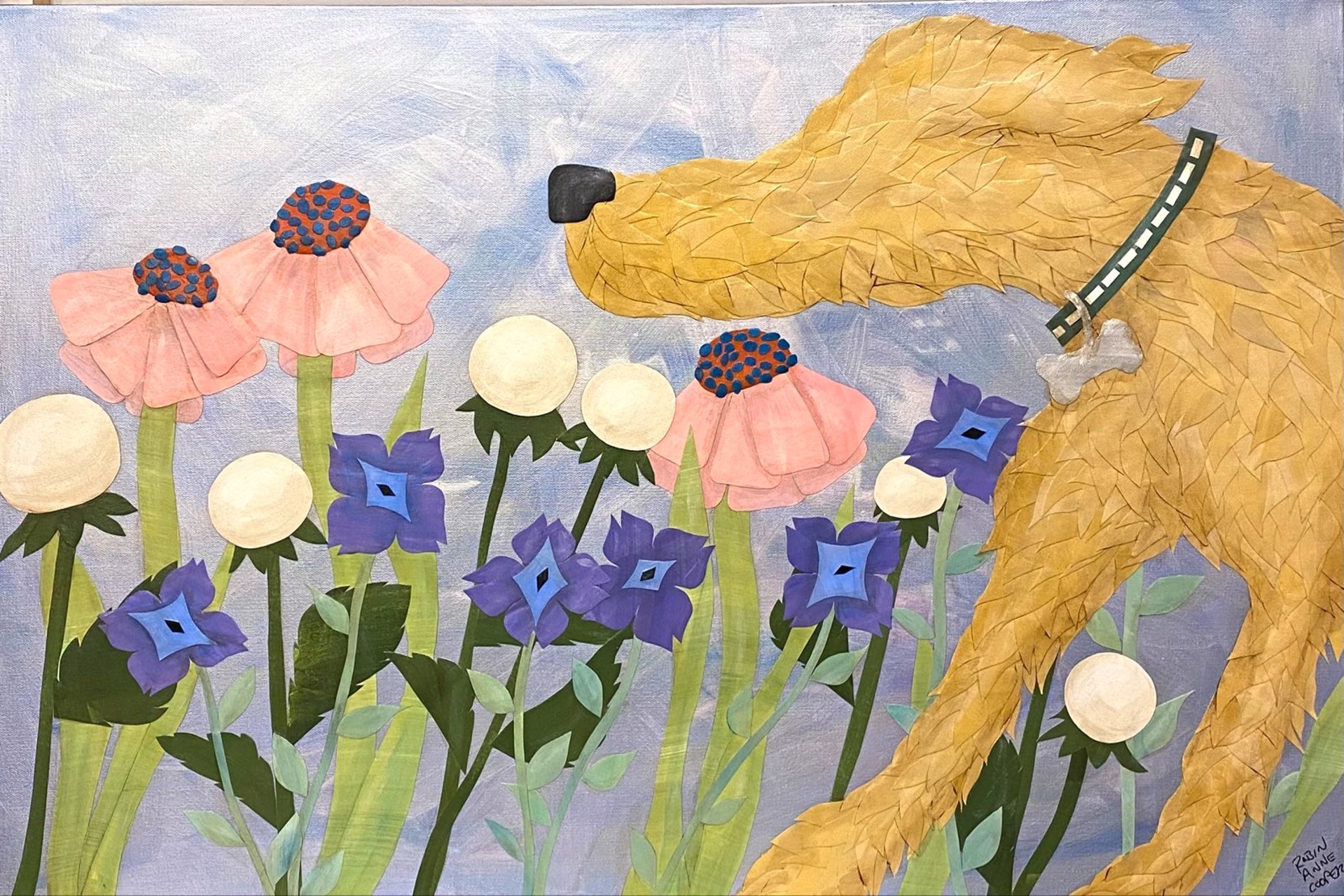 RC22-47 "Be Sure To Stop and Smell The Flowers" Golden Dog by Robin Cooper