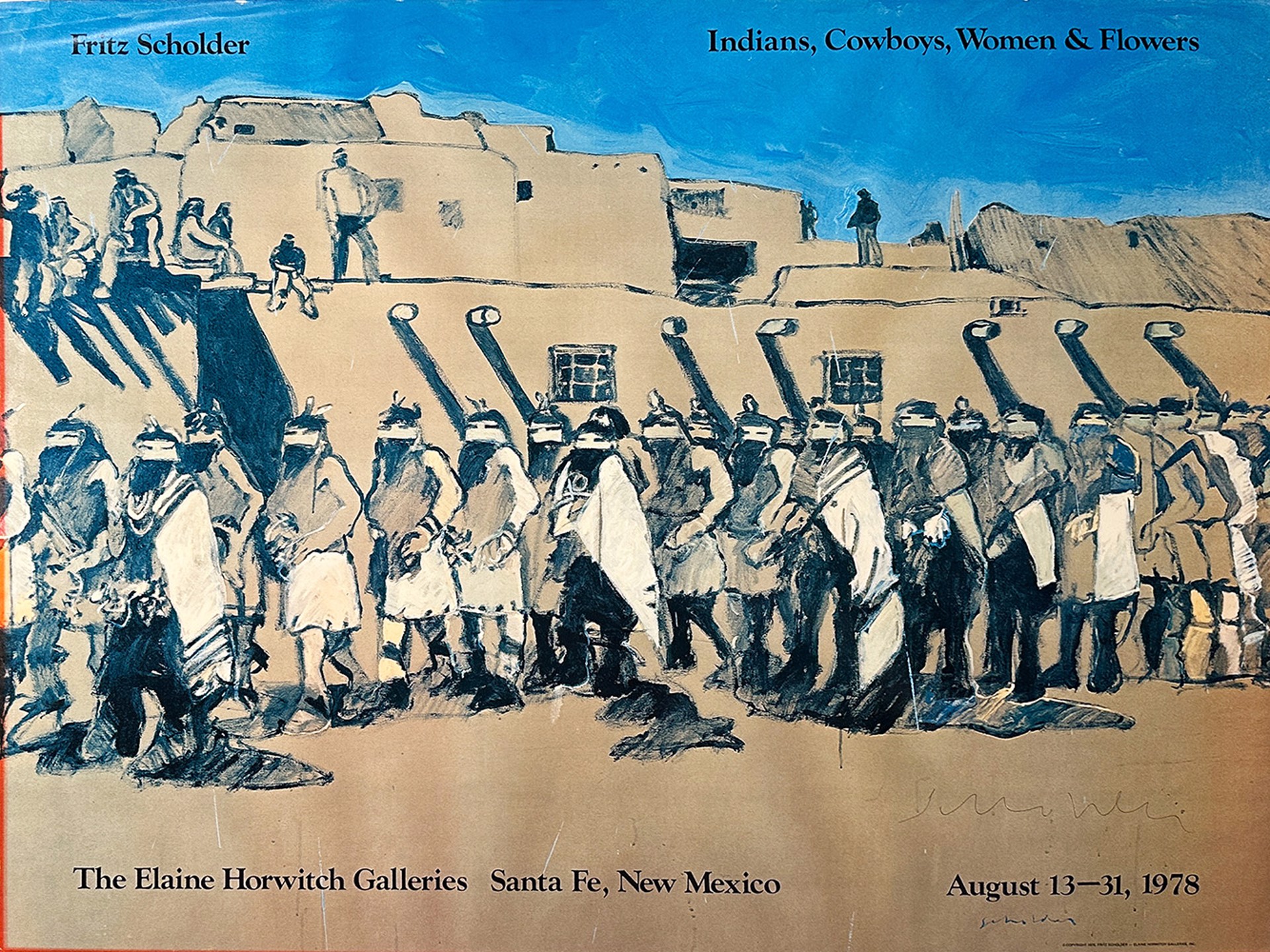 Indians, Cowboys, Women & Flowers (Taos Pueblo Image) by Fritz Scholder