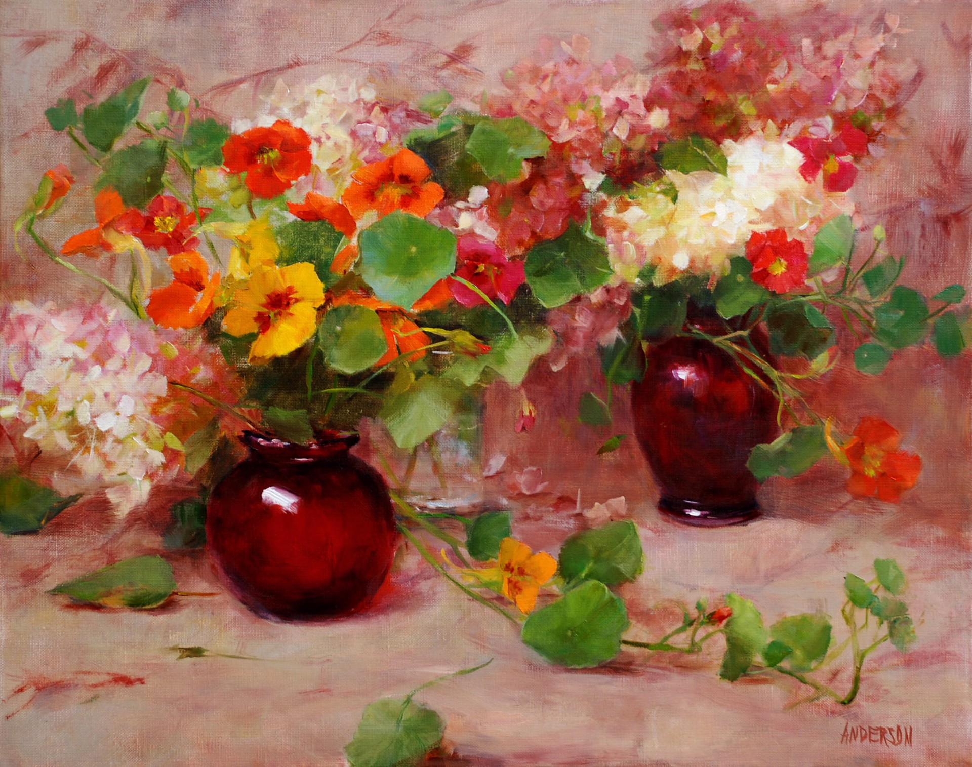 Ruby and Nasturtiums by Kathy Anderson