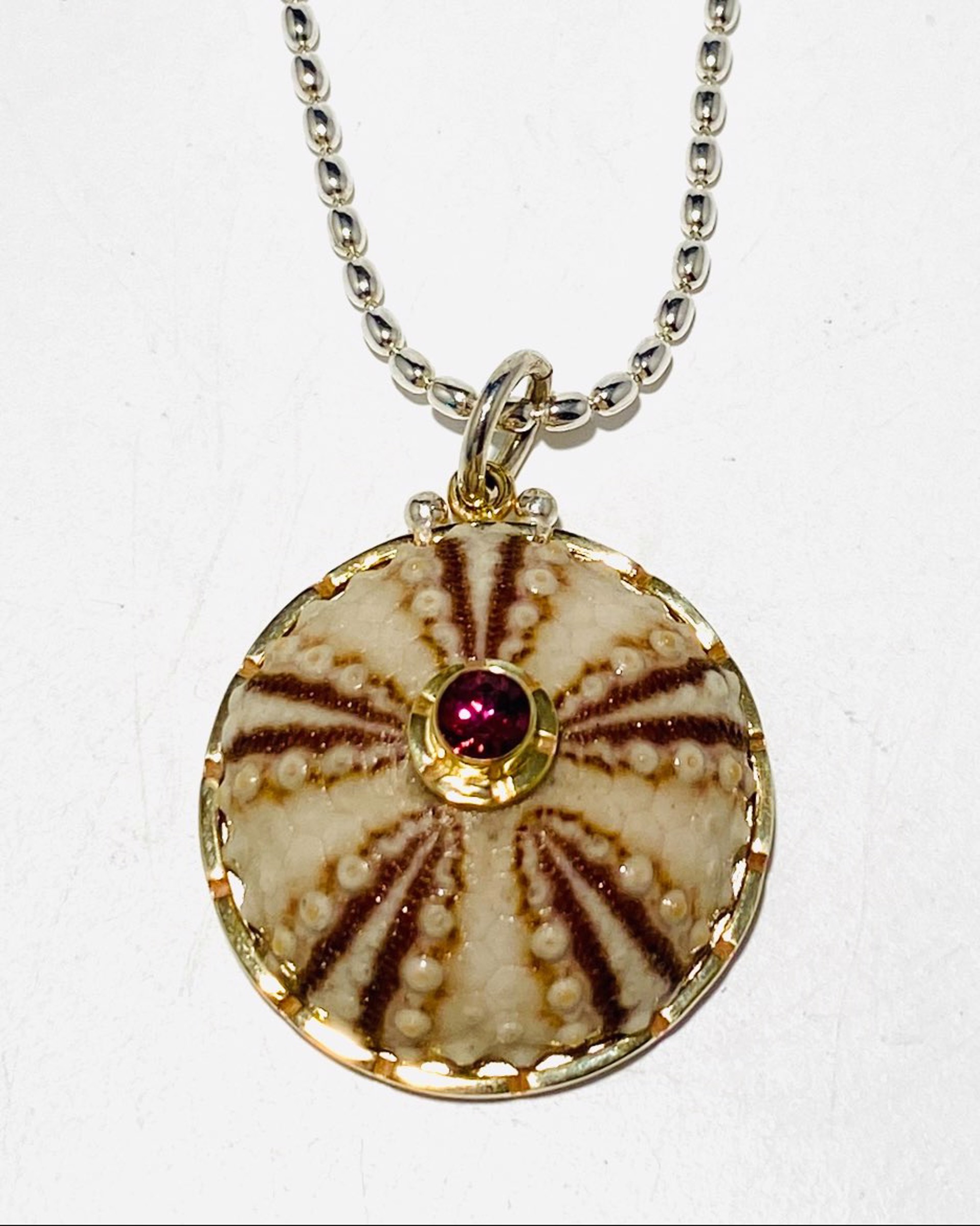 Pawleys Island Sea Urchin With Rhodolite Garnet Pendant on 16" Silver Rice Chain Necklace BU23-3 by Barbara Umbel