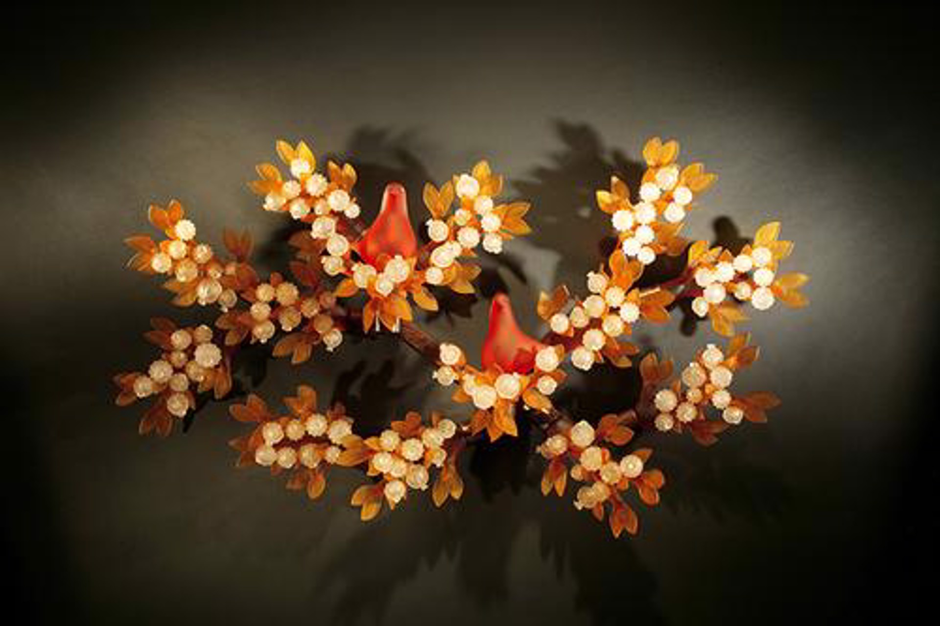 TWO RED DOVES, AMBER BRANCHES, CRYSTAL POMEGRANATES by Richard Jolley