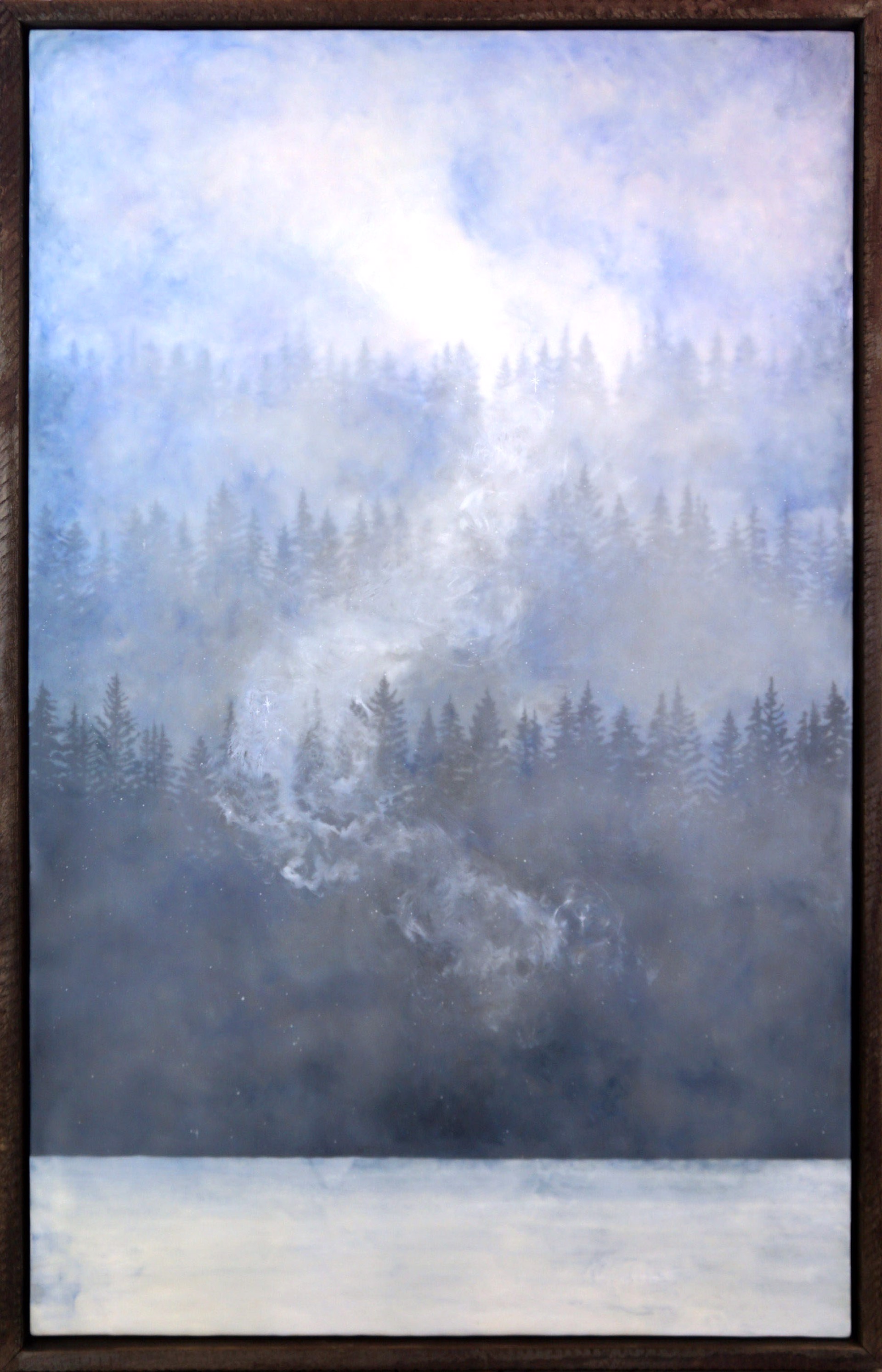 A Contemporary Encaustic Painting Of Pine Trees With Blue Tones By Bridgette Meinhold