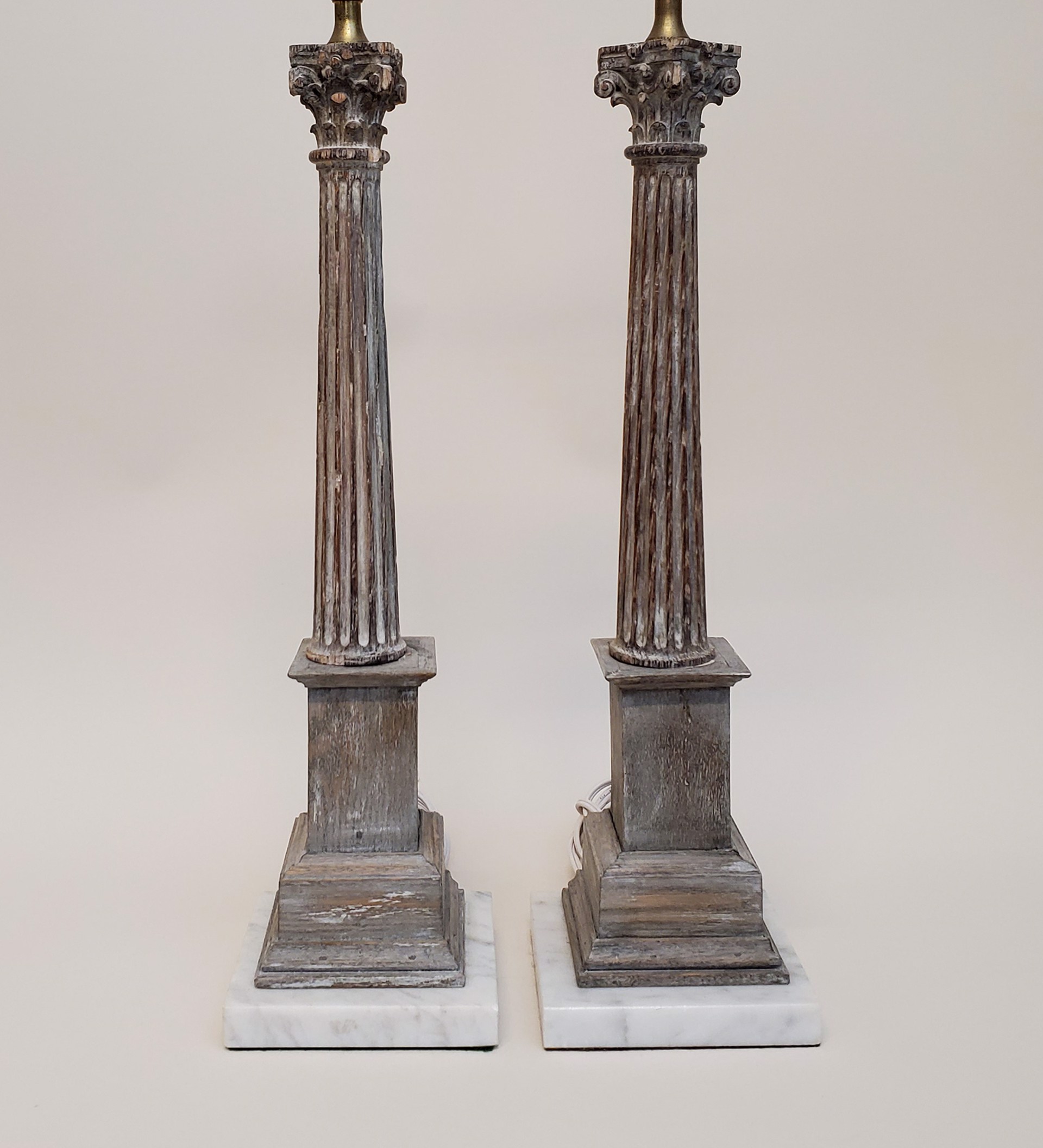 PAIR LIMED WOOD AND MARBLE CORINTHIAN COLUMN LAMPS