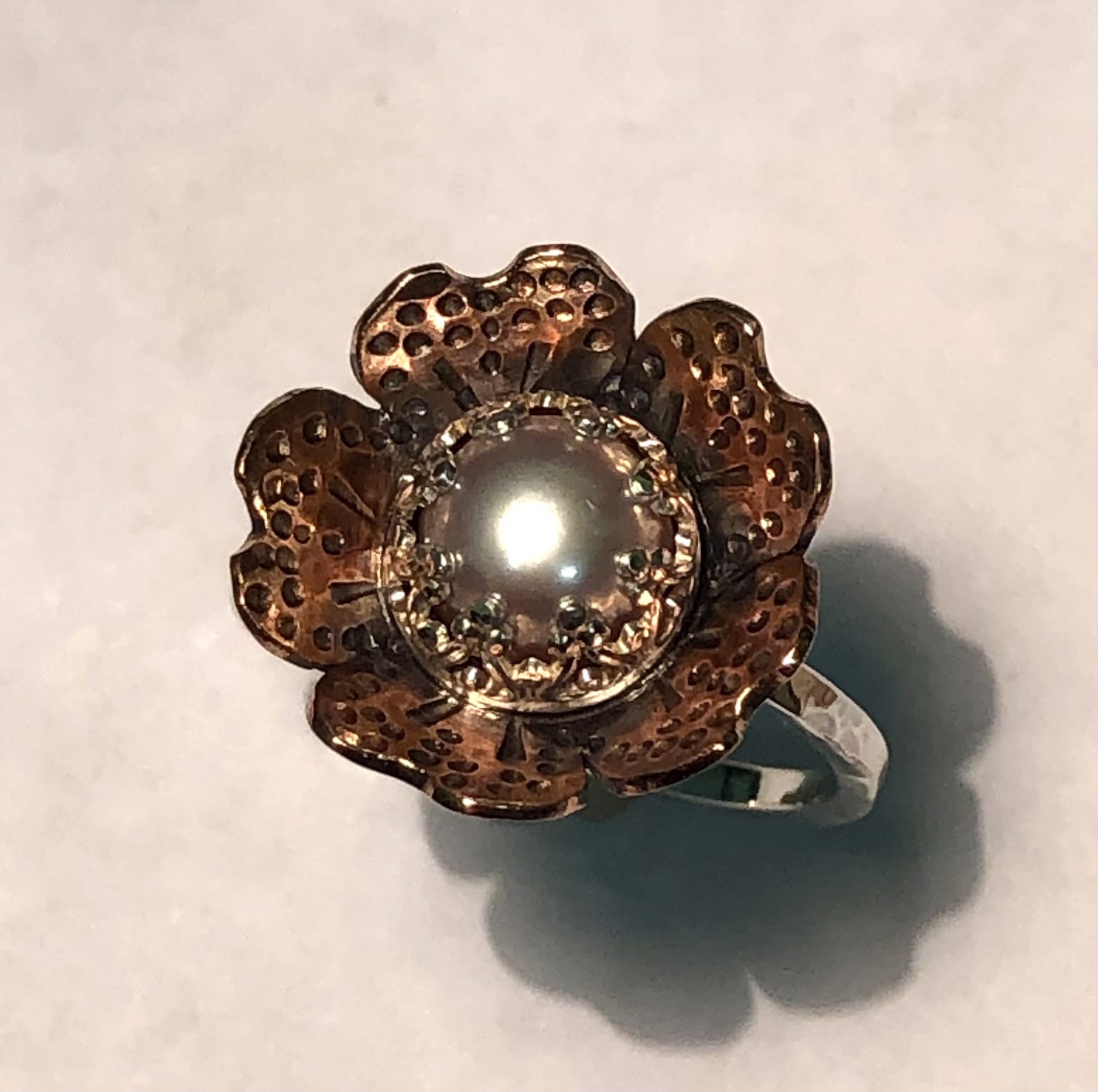 Large Pearl w/Gallery Wire, Copper Flower Ring  - Size 8.5 by Amelia Whelan