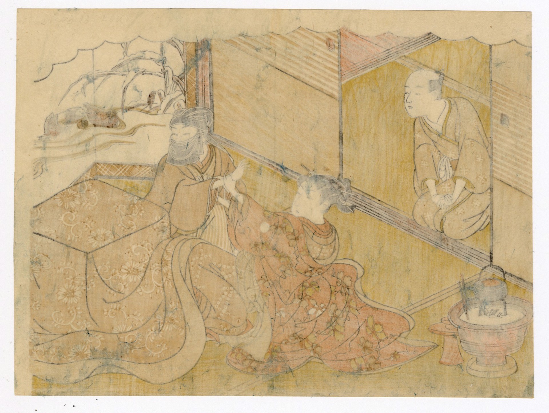 A Woman, Under a Kotatsu, Fighting off a Masked Man as a servant Watches. by Harunobu