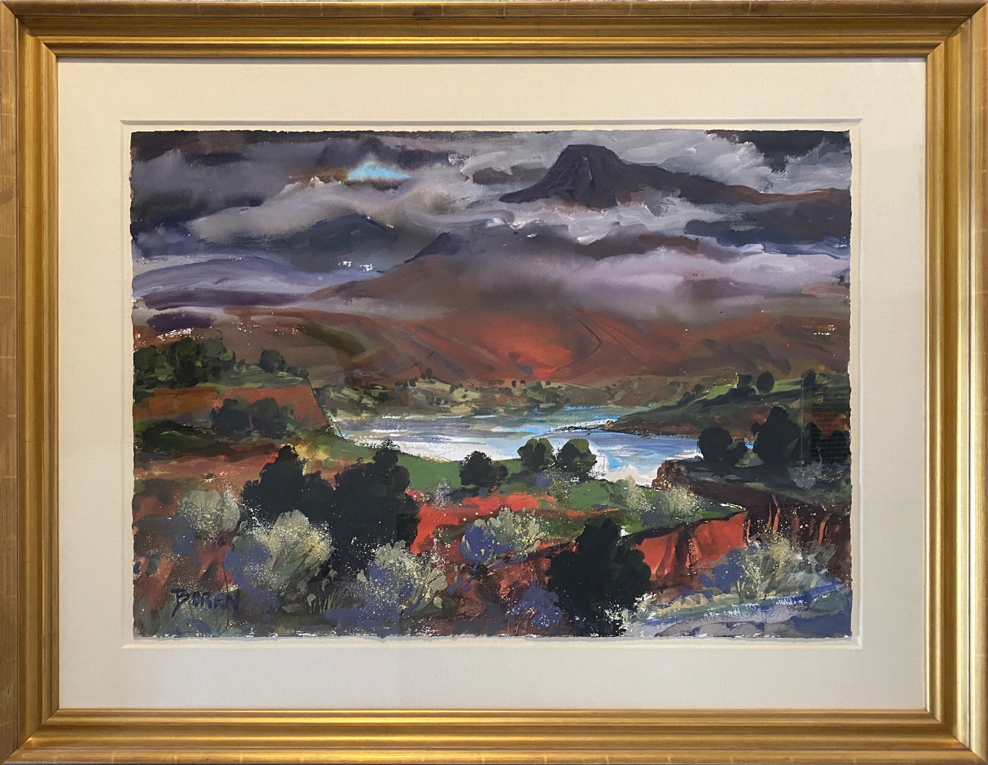 Watercolor painting by fine artist Evelyne Boren "Clouds Over Cerro Pedernal" depicting a landscape.