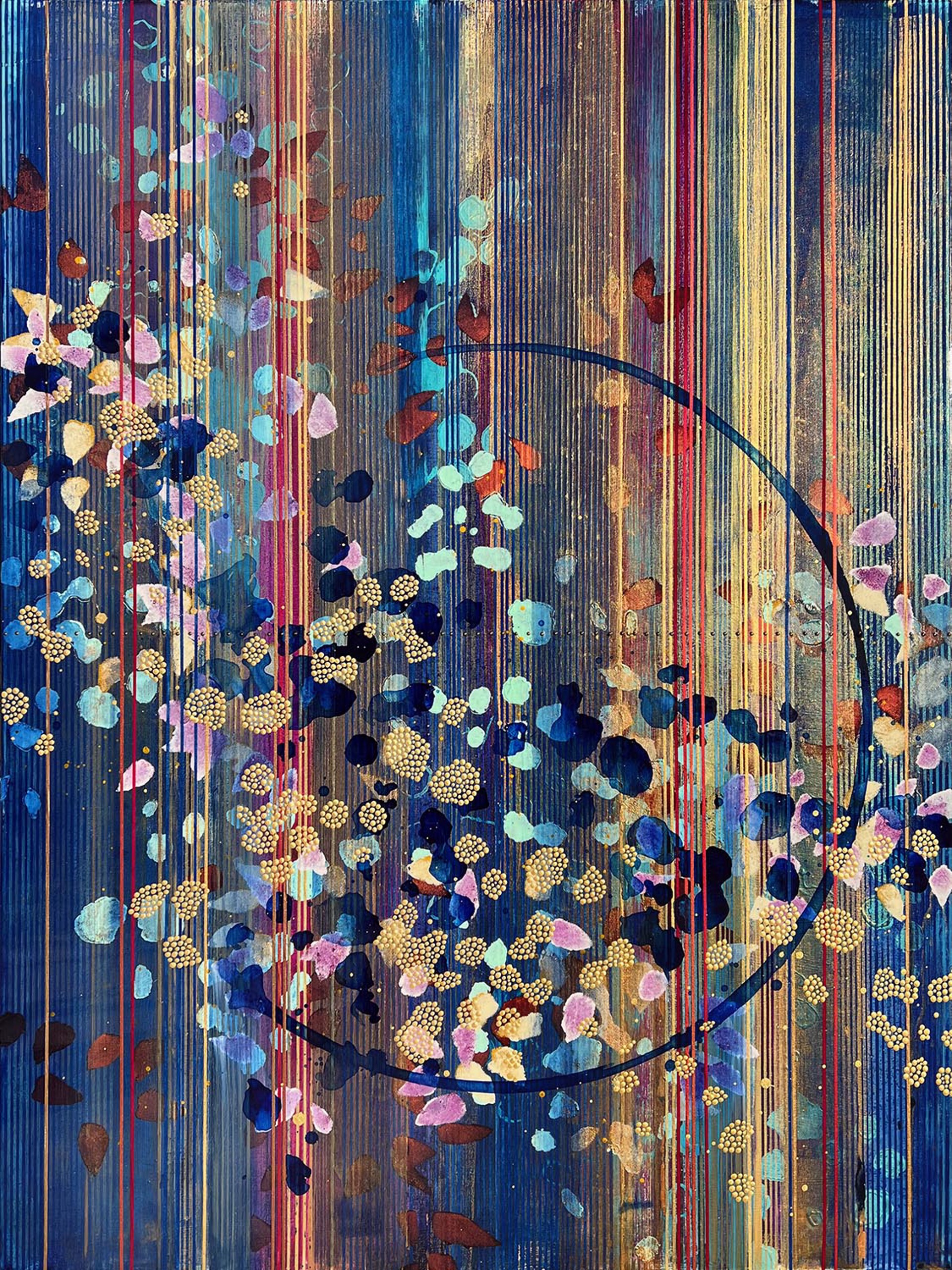 Original Mixed Media Abstract Painting In Blues Purples And Gold With Botanical Motifs