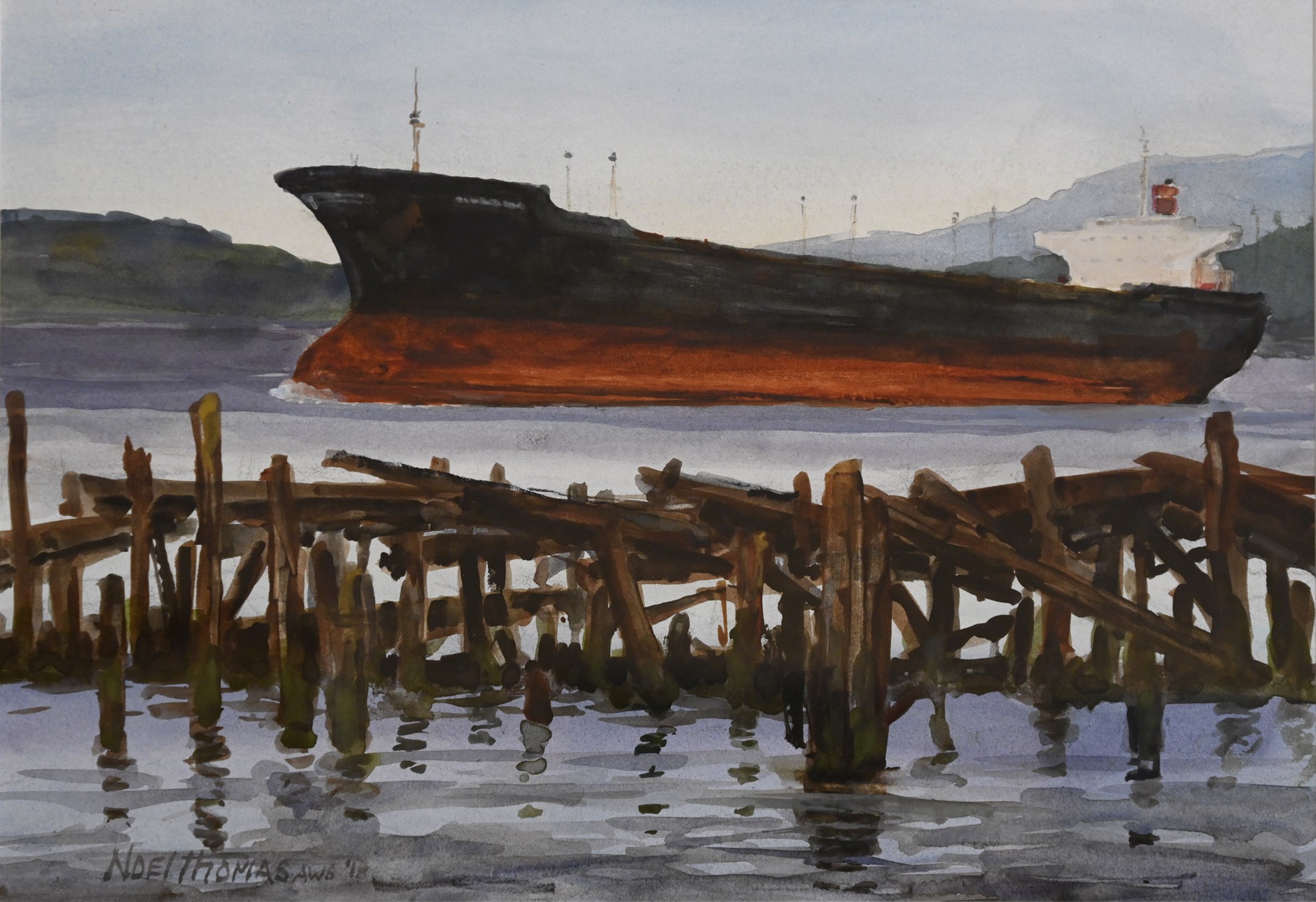 Ship with Old Pilings by Noel Thomas