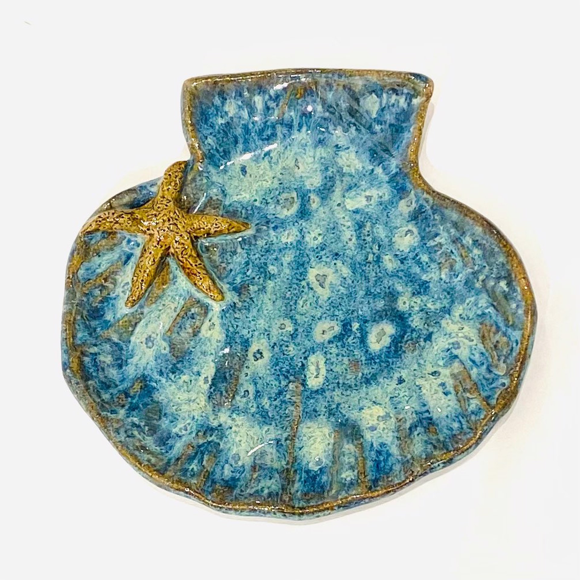 Logan22-873 Shell Dish with Starfish (Blue Glaze) by Jim & Steffi Logan