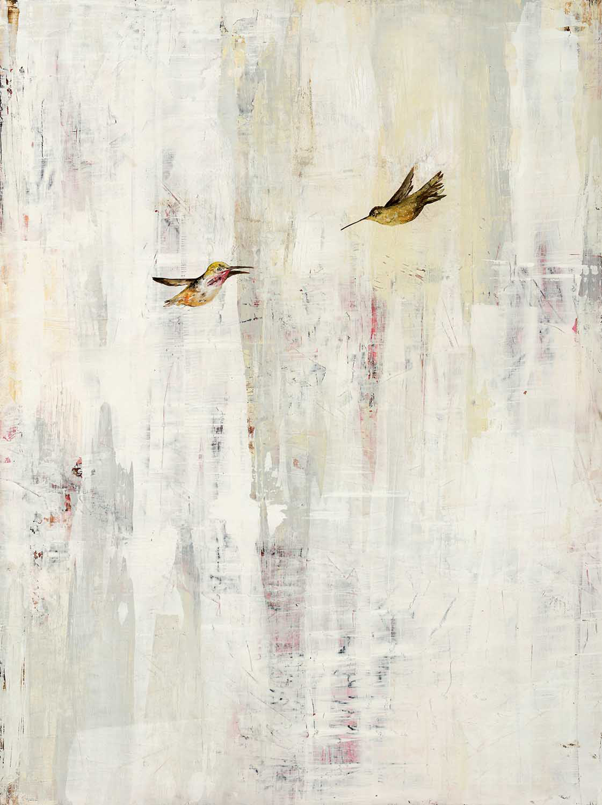 Oil Painting Of Two Humming Birds In Flight On A Light Toned Textured Background, Fine Art By Jenna Von Benedikt, Available At Gallery Wild