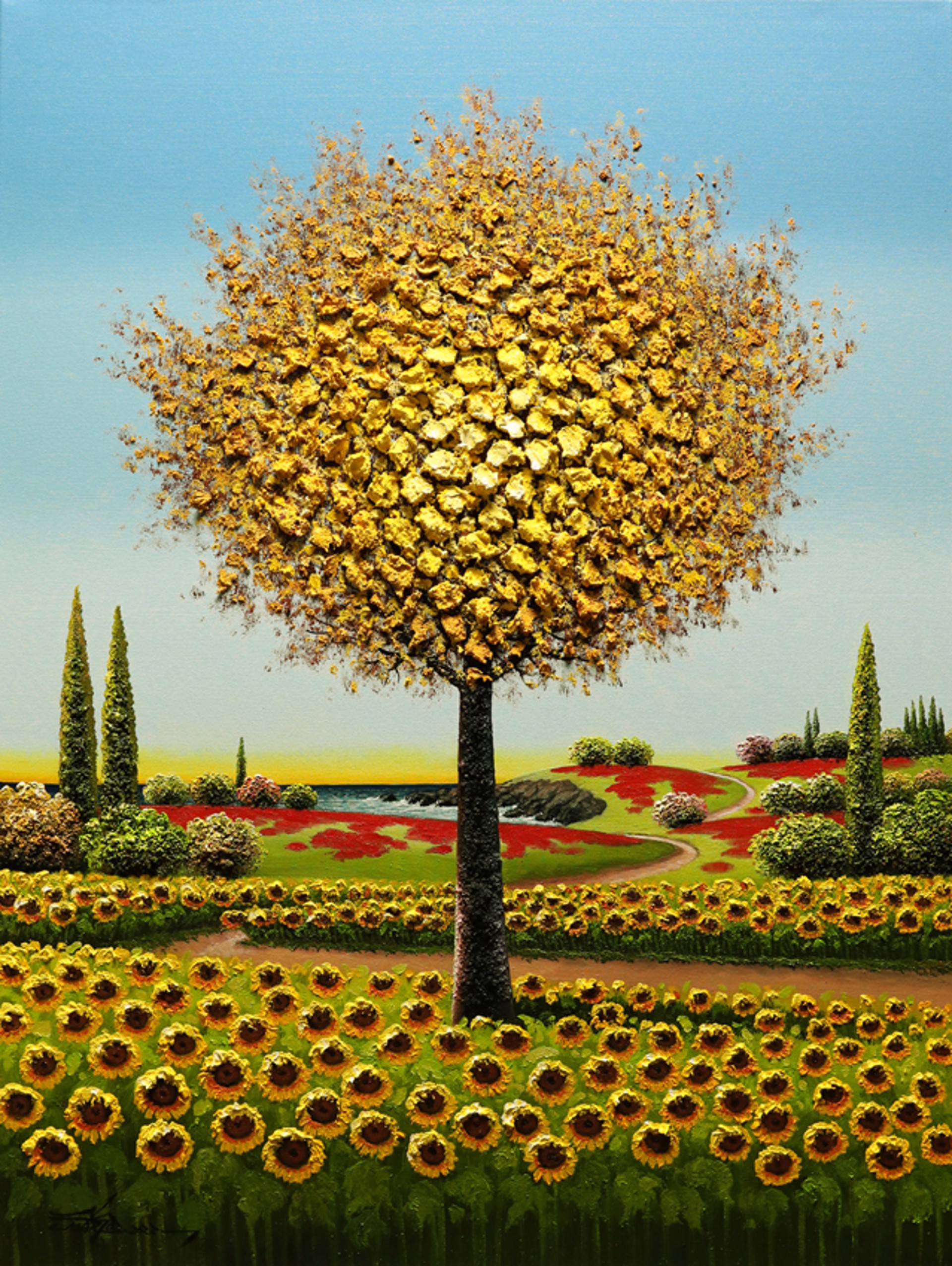 A Mystery Unfolding by painter artist Mario Jung features a thickly textured yellow leaved tree behind a field of sunflowers in front of a serene country side