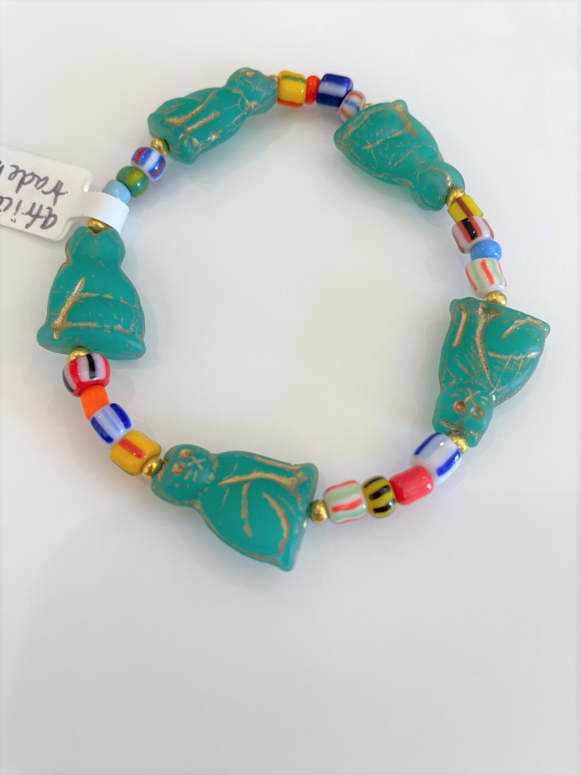 African Trade Beads with Turquoise Cat  Bracelet by Emelie Hebert