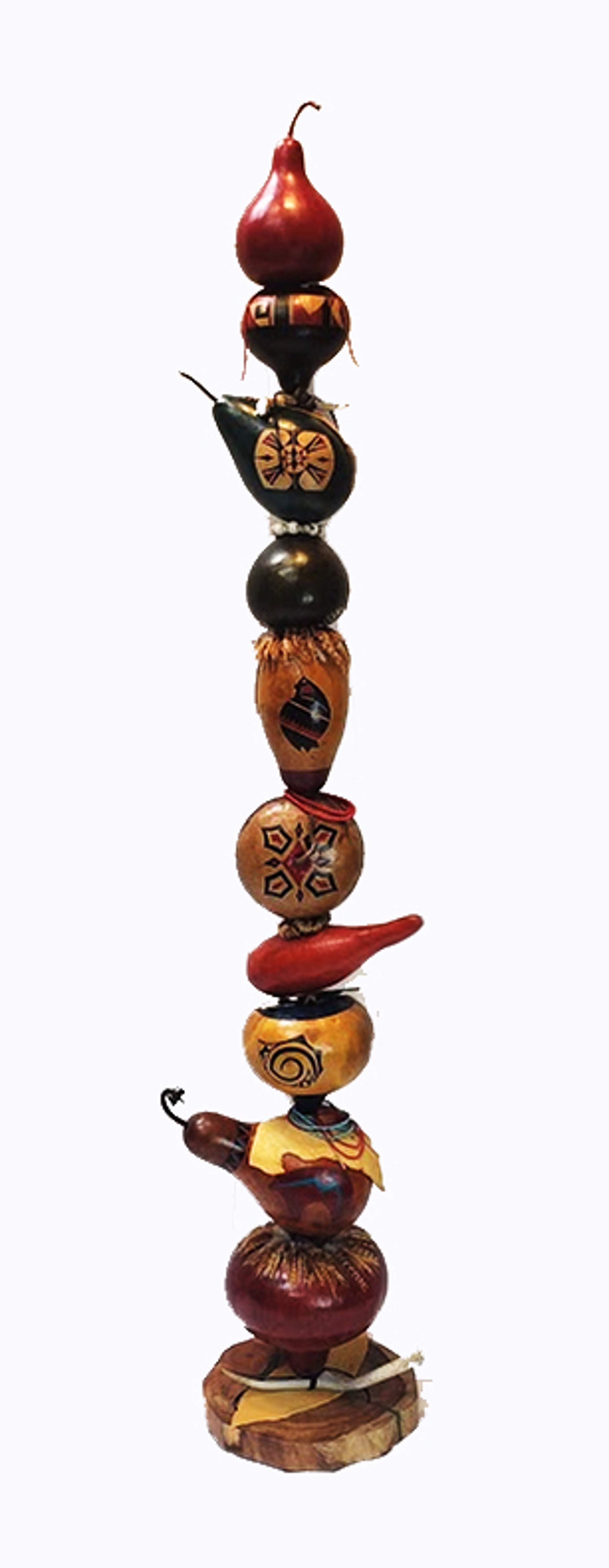 Quail Totem ~ Handpainted Gourds with Beadwork, Feathers. Porcupine Quills and Leather on Mesquite Stand with Turquoise Inlay by Gary & Glenis Leitch