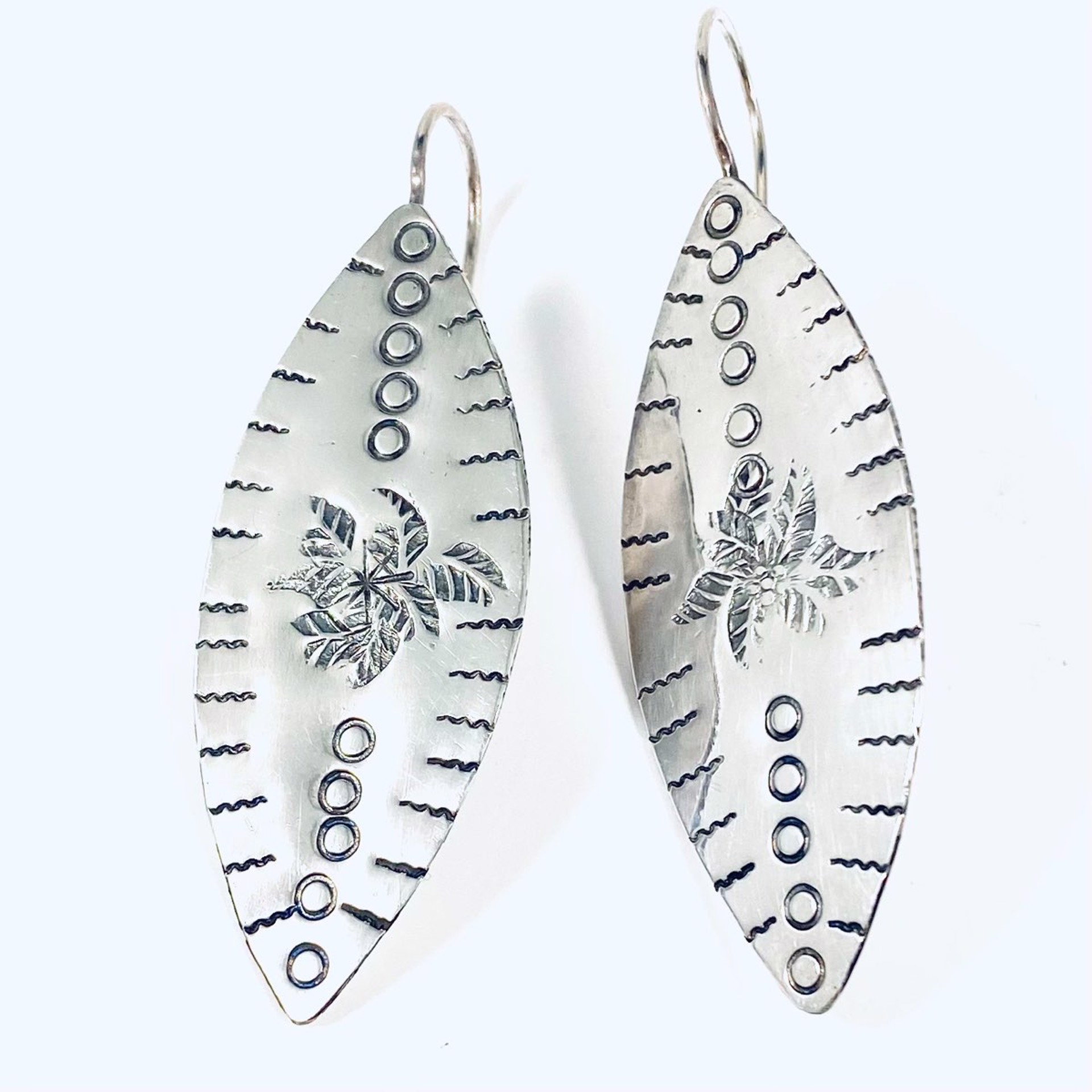 Leaf Shape with Stamped Design Sterling Earrings AB22-39 by Anne Bivens