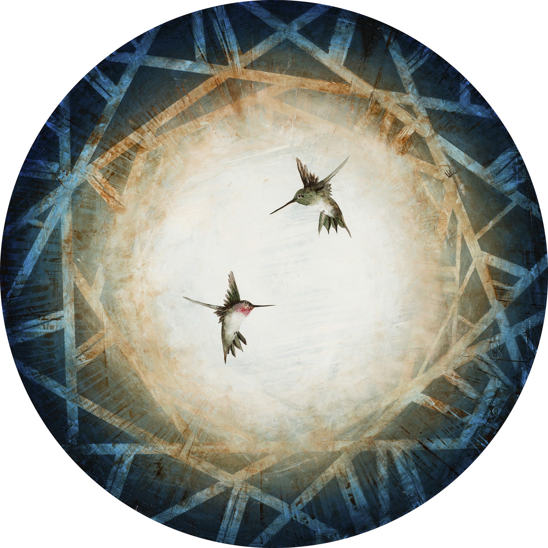 Original Contemporary Oil Painting On A Round Panel Of Humming Birds In Flight Featuring A Vignetted Background Going From Tan In The Center To  Blue Outside, By Jenna Von Benedikt