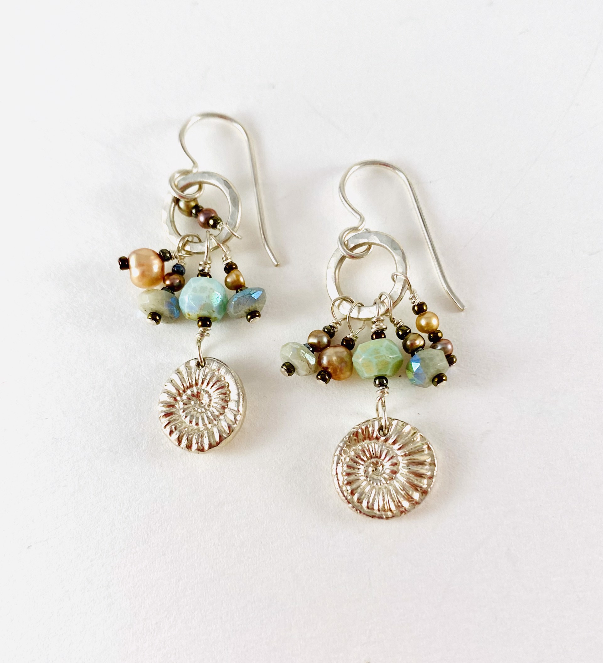 #386 Fine Silver "Fossil" Charm, Pearl, Faceted Bead Earrings by Linda Sacra