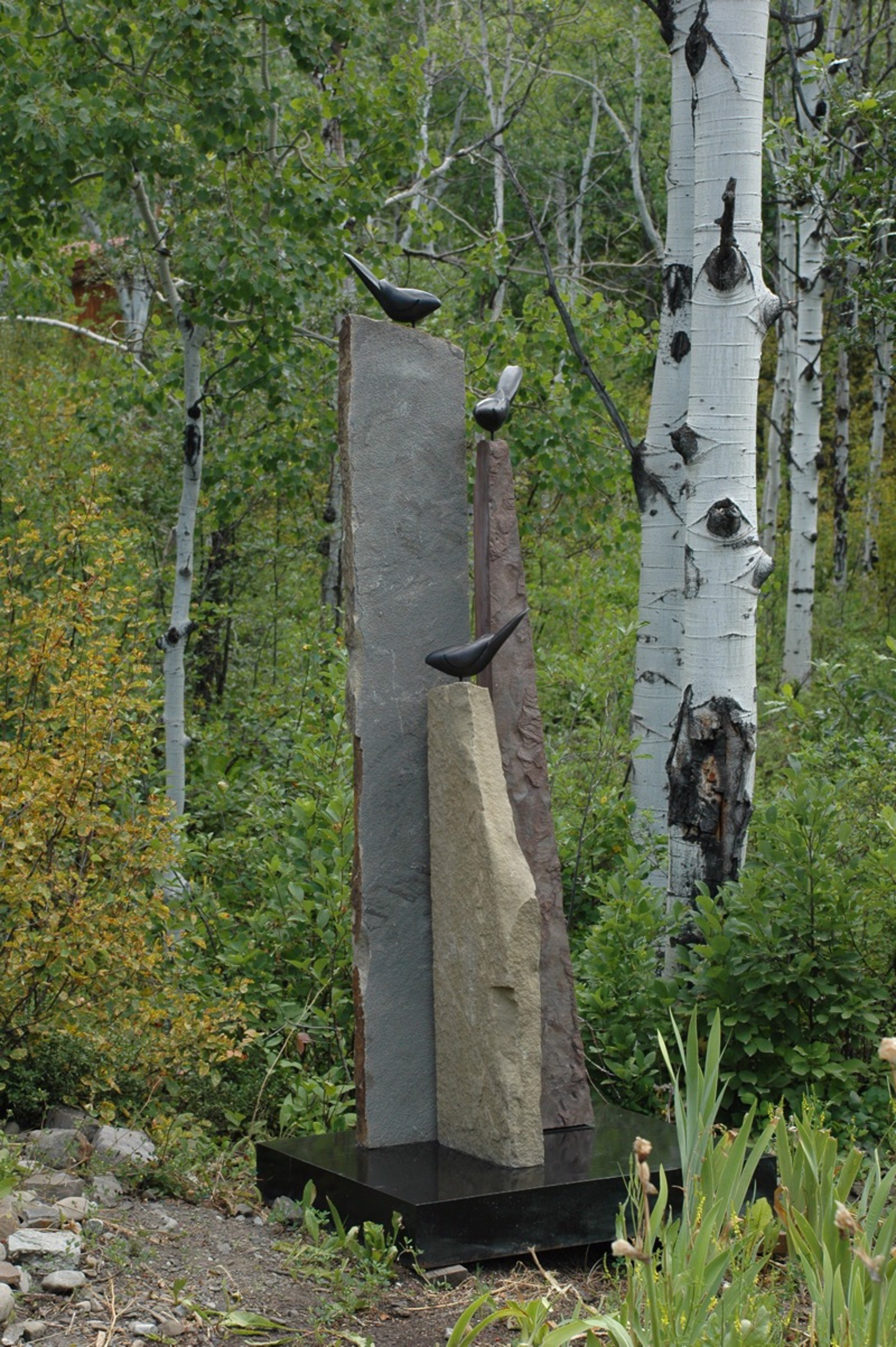 Three Birds Resting - Using Sandstone with Bronze and Steel Base by Connie Hendrix