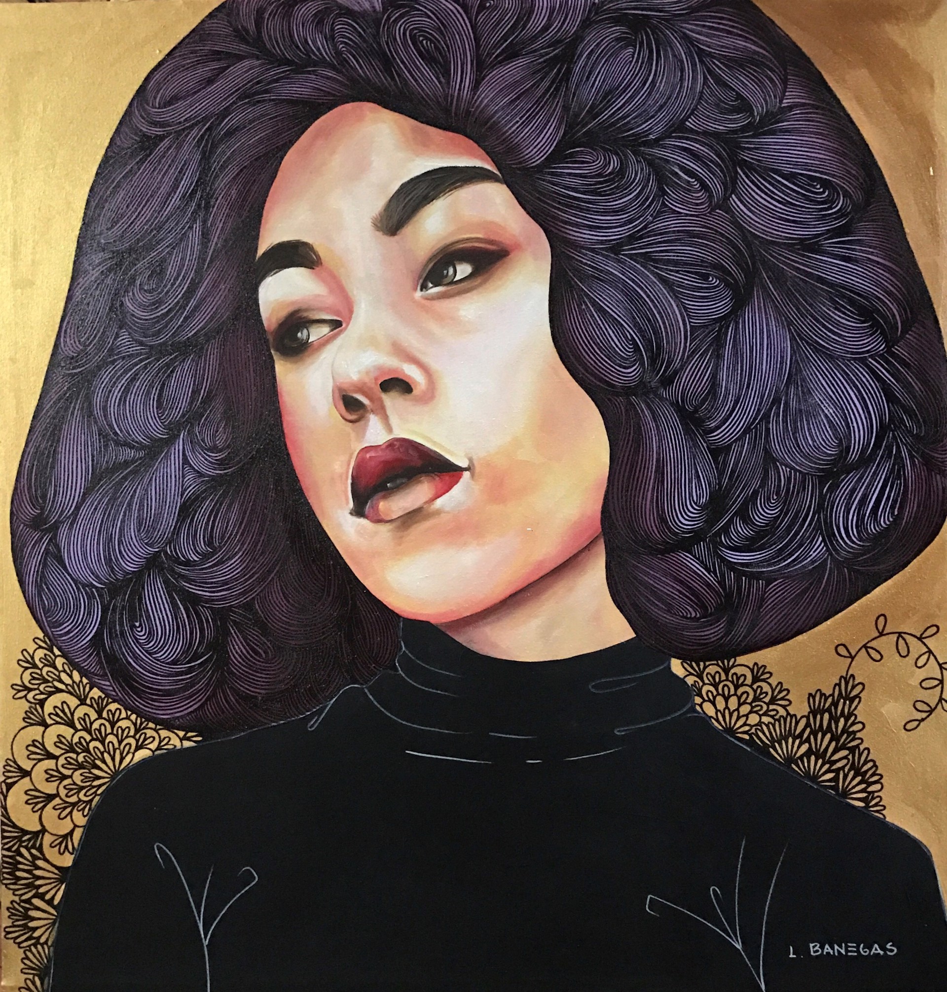 The Musing woman with black turtleneck purple hair by Leticia Banegas