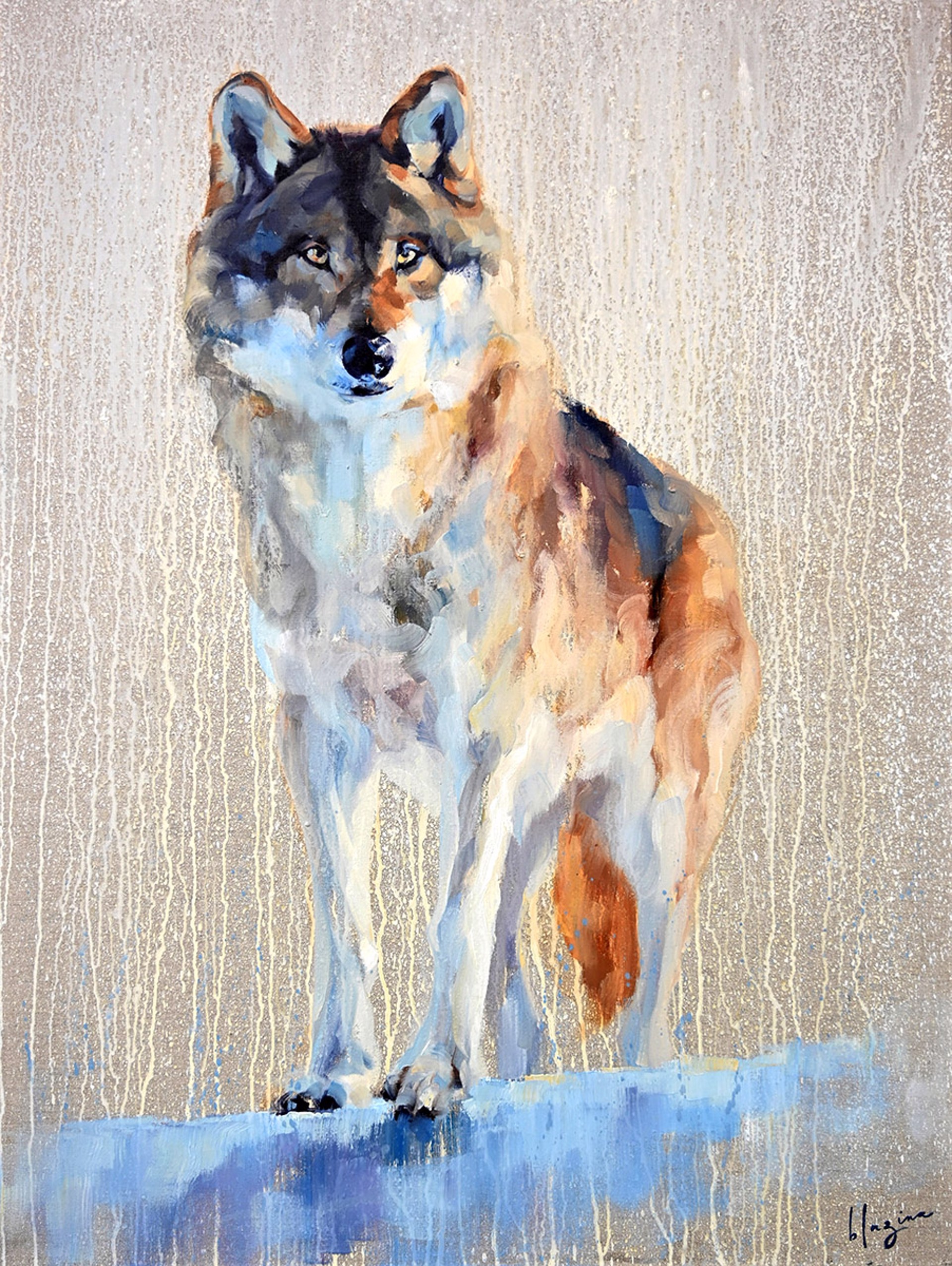 Original Oil Painting By Amber Blazina Featuring A Wolf On Exposed Linen