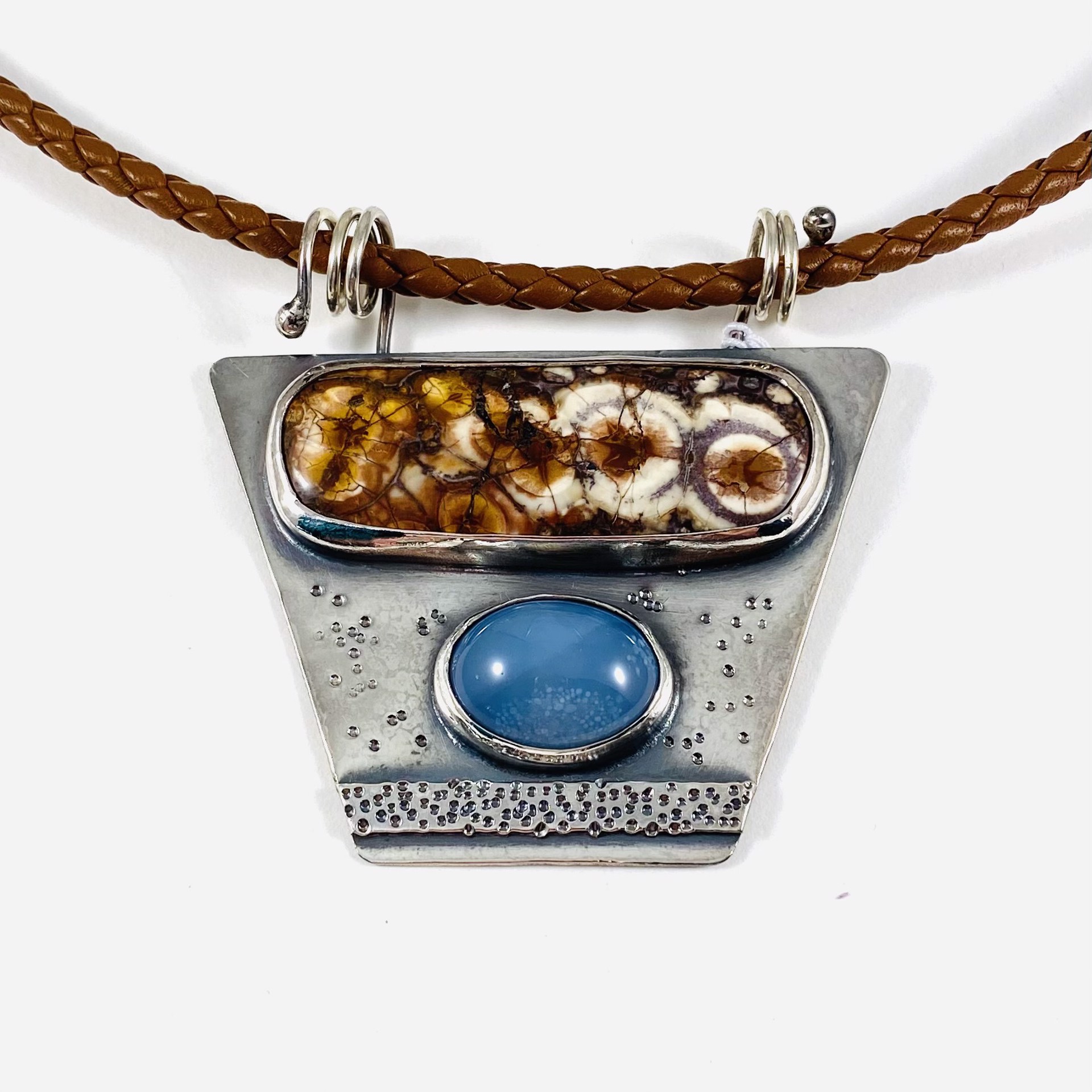 Birdseye Rhyolite Blue Coral Silver Pendant on Braided Leather Necklace AB21-11 by Anne Bivens