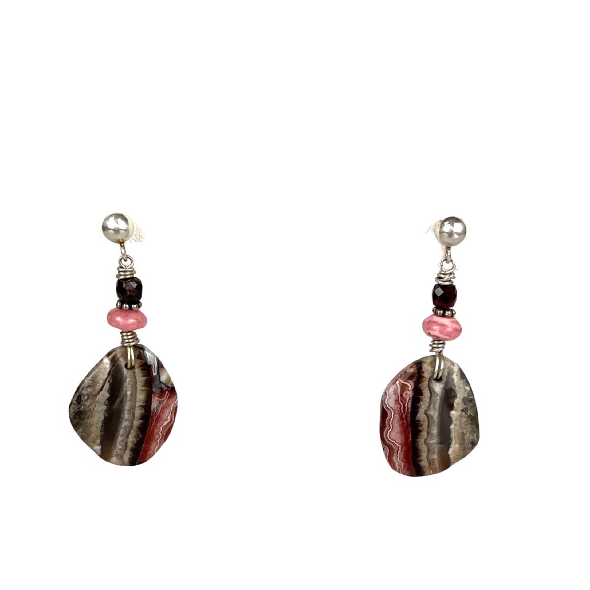 Crazy Lace Agate, Rhodocrosite, Garnet and Sterling Silver Earrings by Nola Smodic