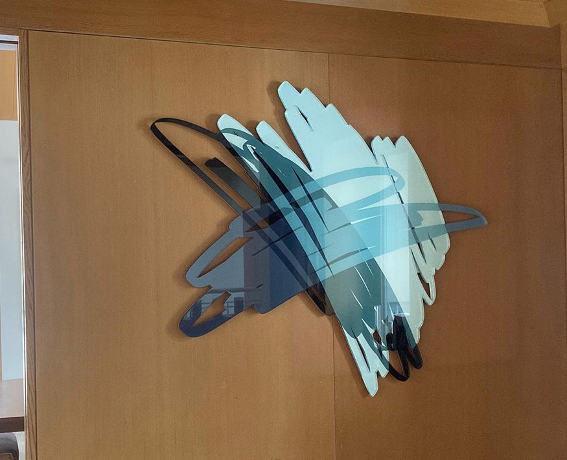 Three Scribbles Horizontal, Teal, Laser cut acrylic with photo mount by Ryan Coleman