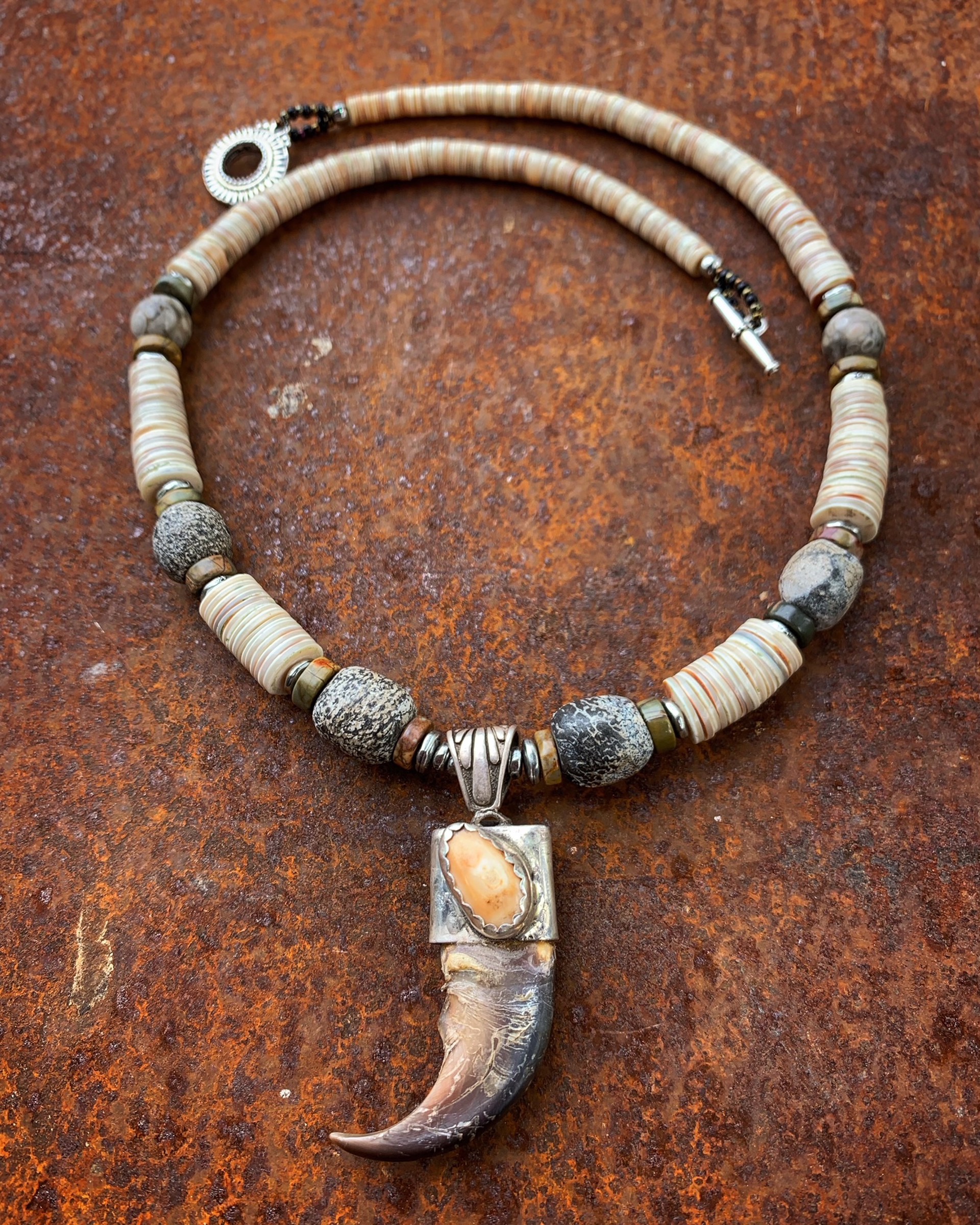 K824 Bear Claw with Elk Ivory on Chain of Fossilized Mastadon Bone and Shell Necklace by Kelly Ormsby
