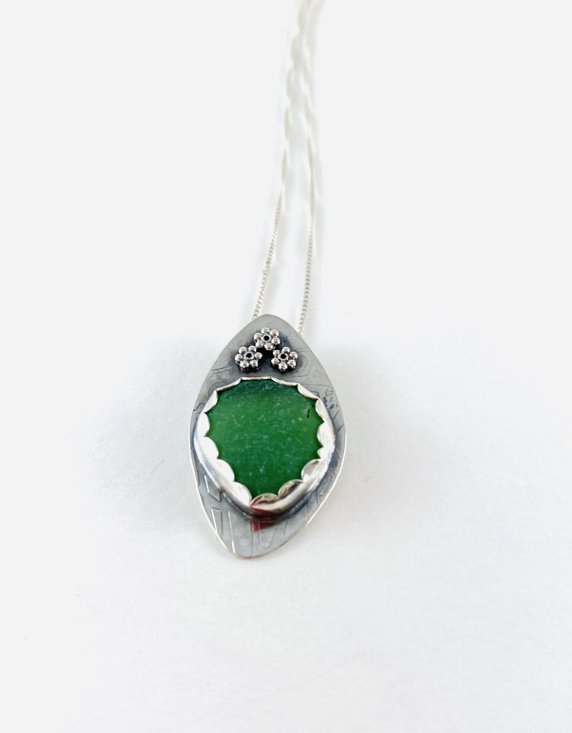 Silver and Sea Glass Pendant on Silver Box Chain; #106 by Anne Bivens