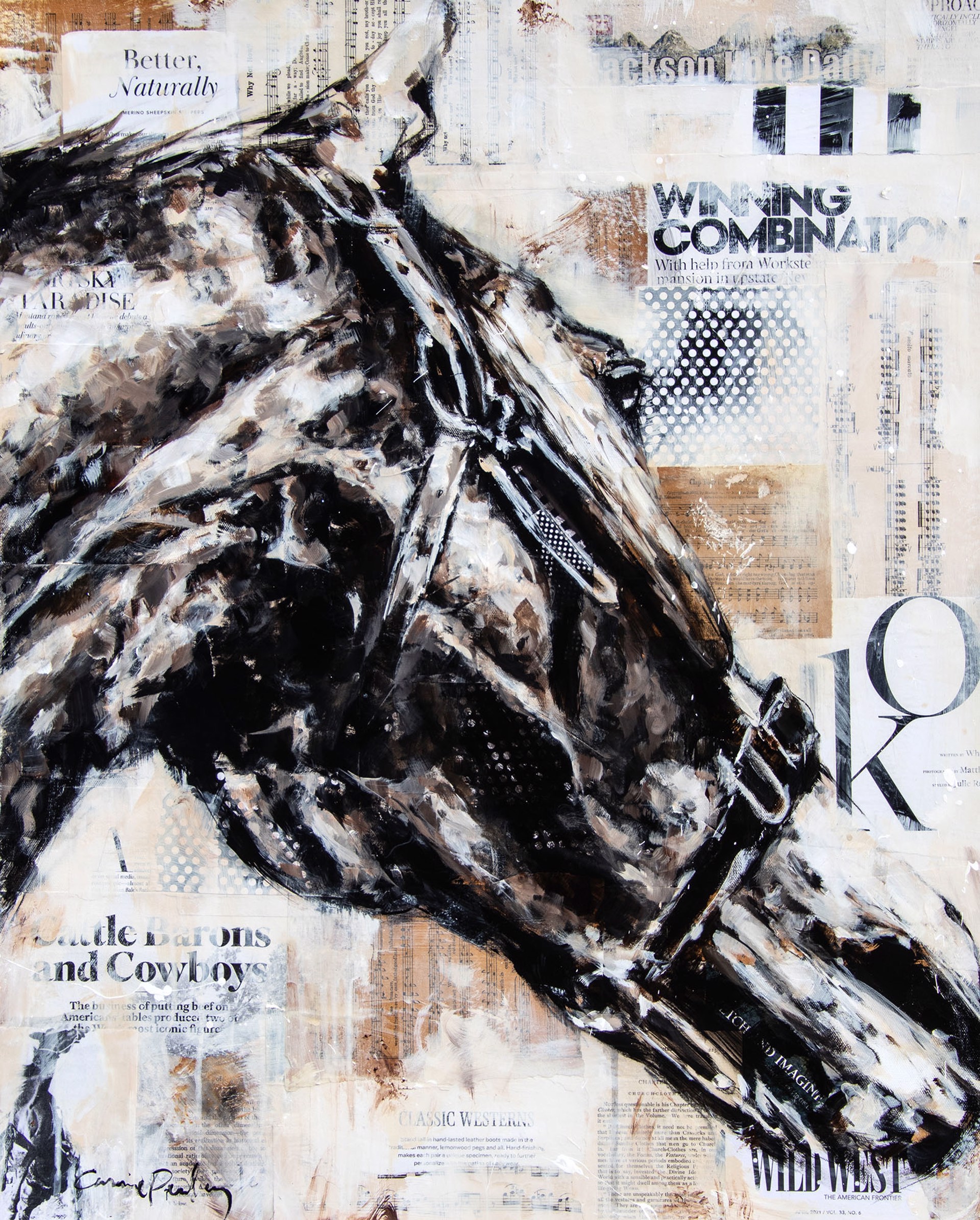 Original Mixed Media Painting Of A Horse Bust In Black And White Over Neutral Colored Collage Background