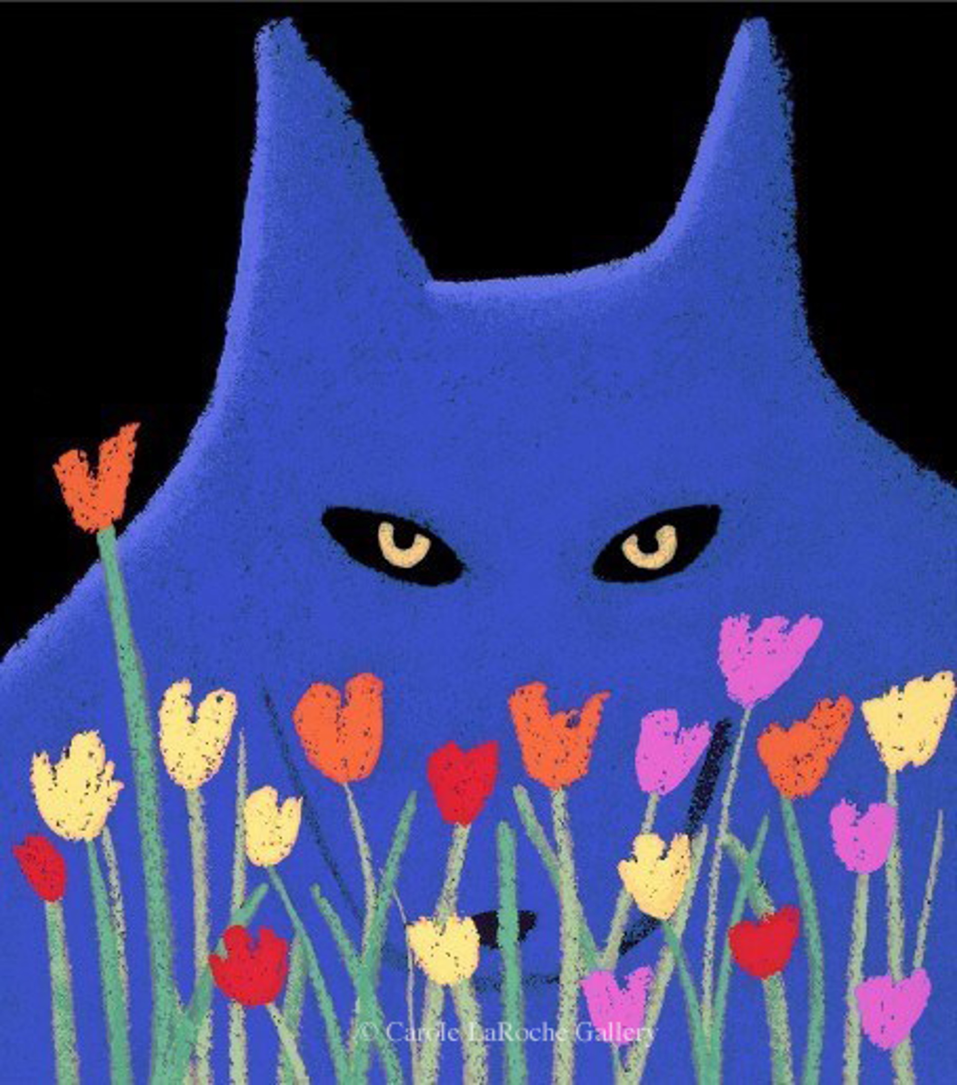 SINGLE BLUE WOLF WITH FLOWERS - limited edition giclee on paper w/frame size of 23"x20" by Carole LaRoche