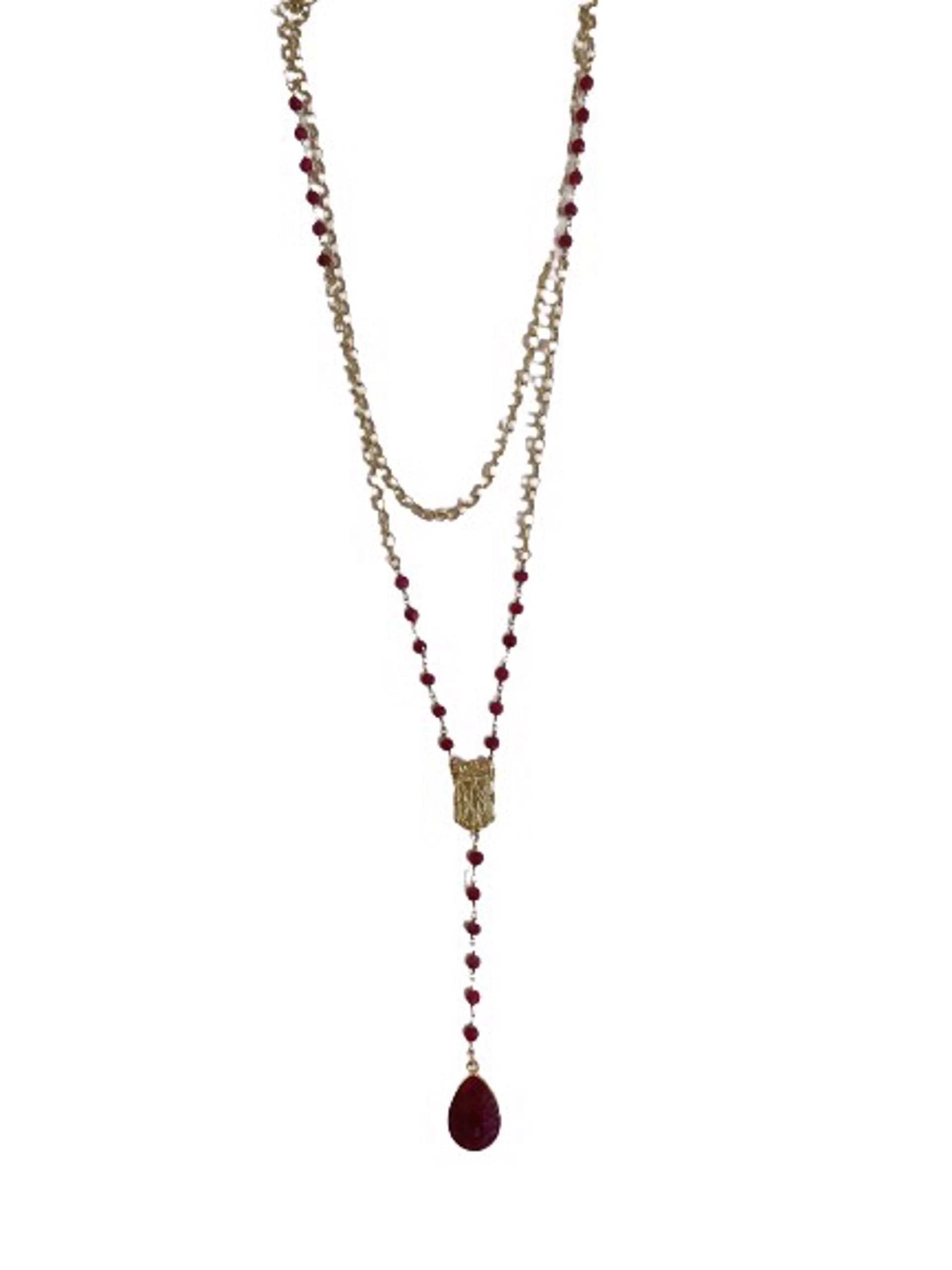 Gold Vermeil and Garnet Long Necklace with Crown Connector and Small Garnet Teardrop Pendant by Karen Birchmier