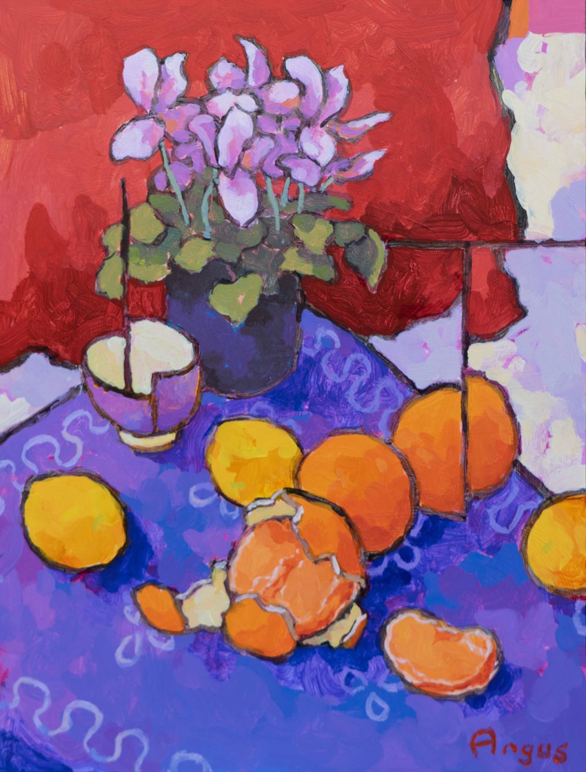 Small grouping of Oranges with Cyclamen by Angus