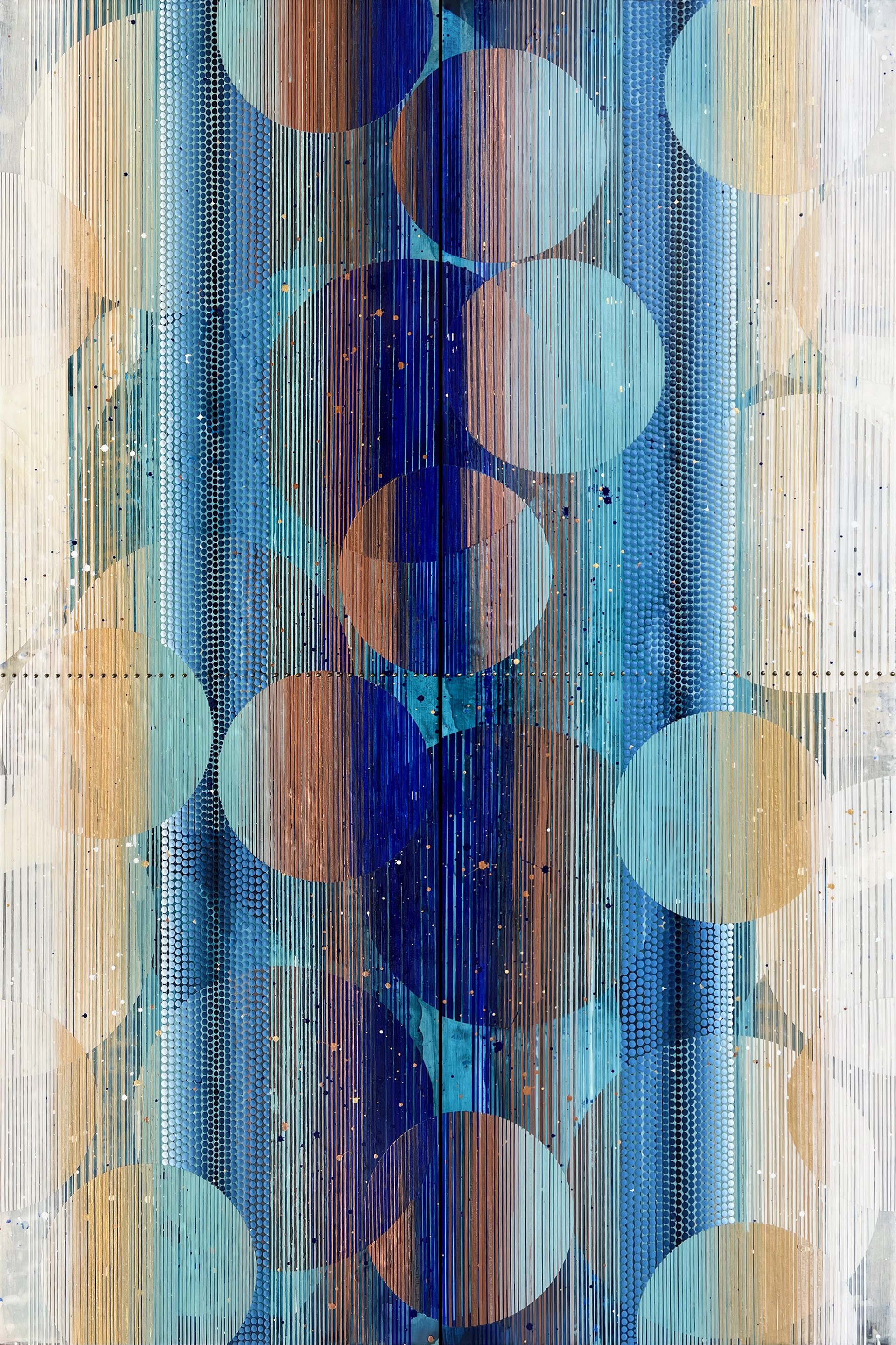 Original Mixed Media Abstract Painting By Nina Tichava Featuring Lantern Motifs In Blues And Golds