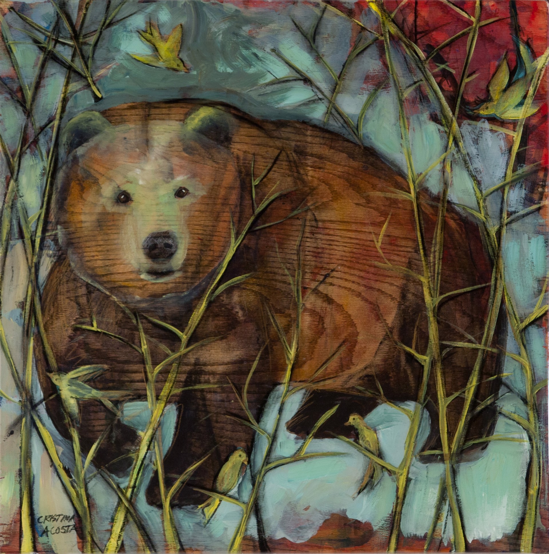 Sweet Bear with Yellow Birds Quadtych by Cristina Acosta
