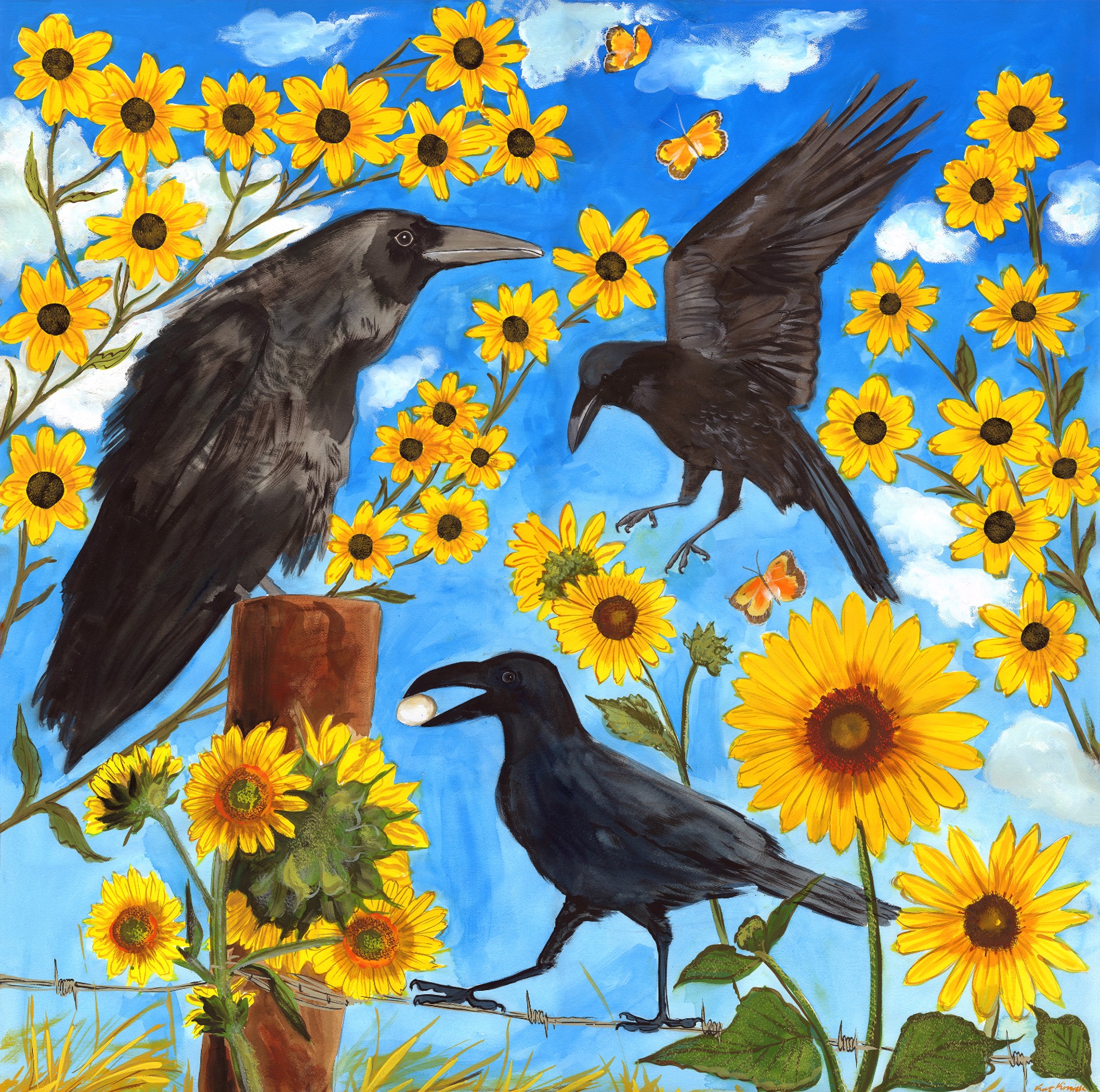 Ravens, Sunflowers and Barbed Wire along Bonanza Creek by Kat Kinnick