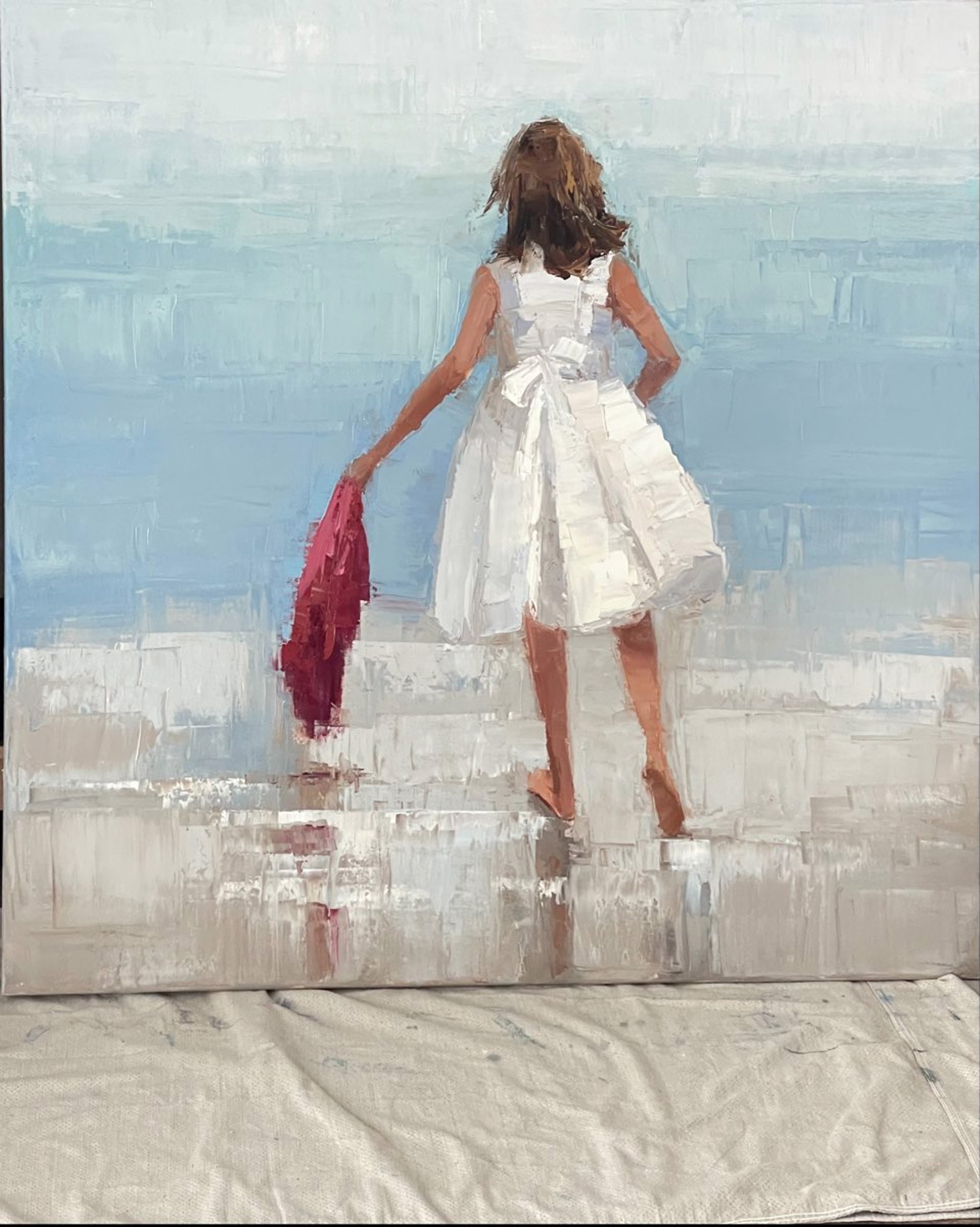 commission Jules 48x48 little girl with red towel by Barbara Flowers