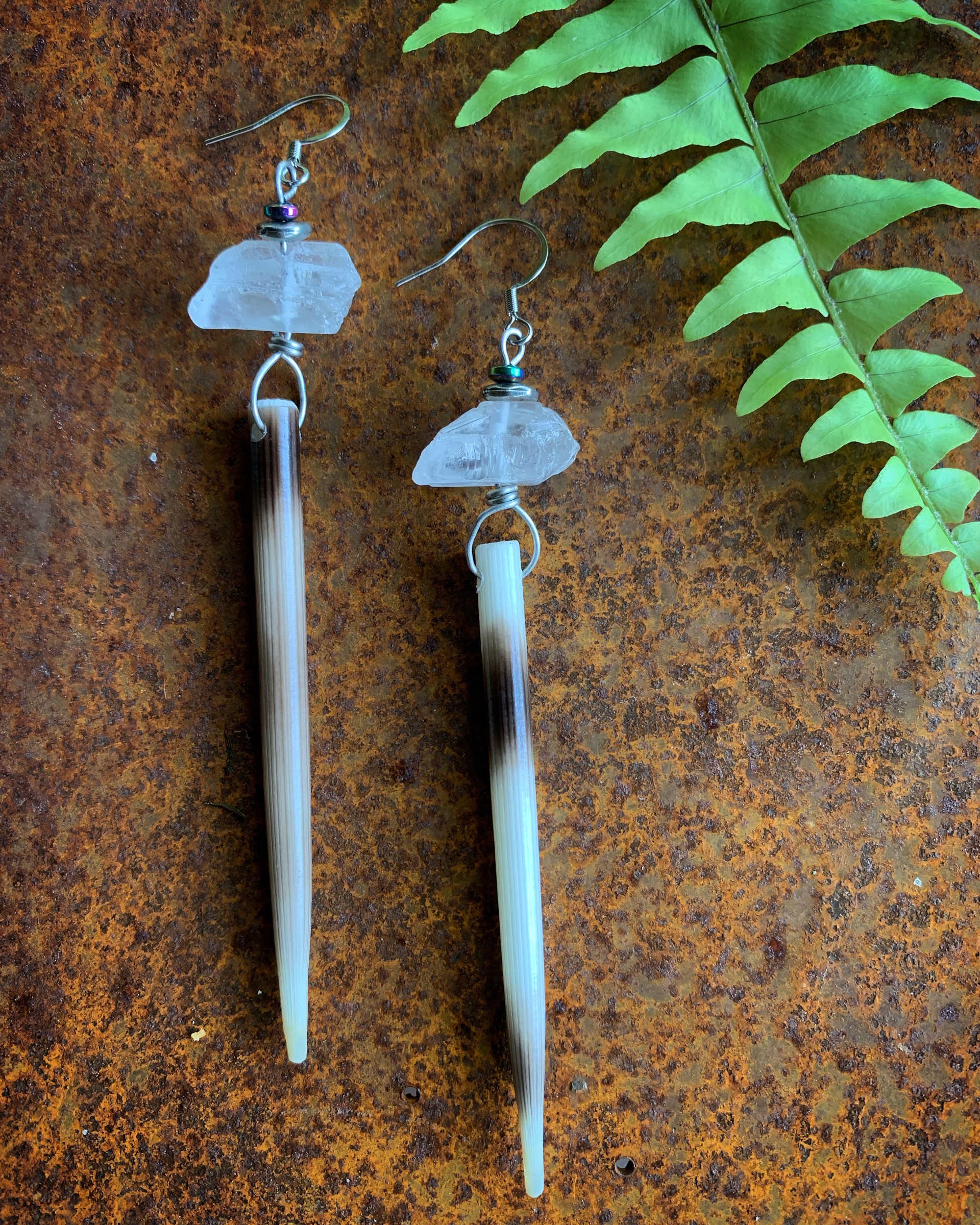 K663 African Quill Earrings with Quartz Crystals by Kelly Ormsby