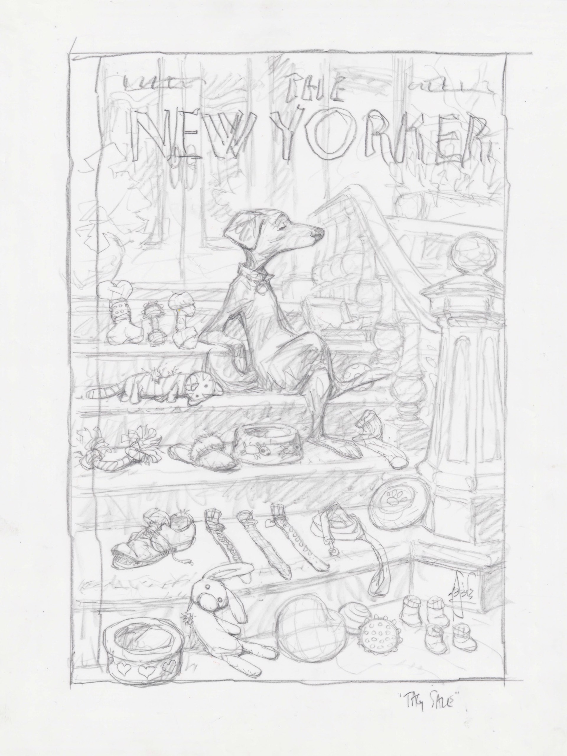 Proposed sketch for New Yorker Cover "Tag Sale" by Peter de Sève