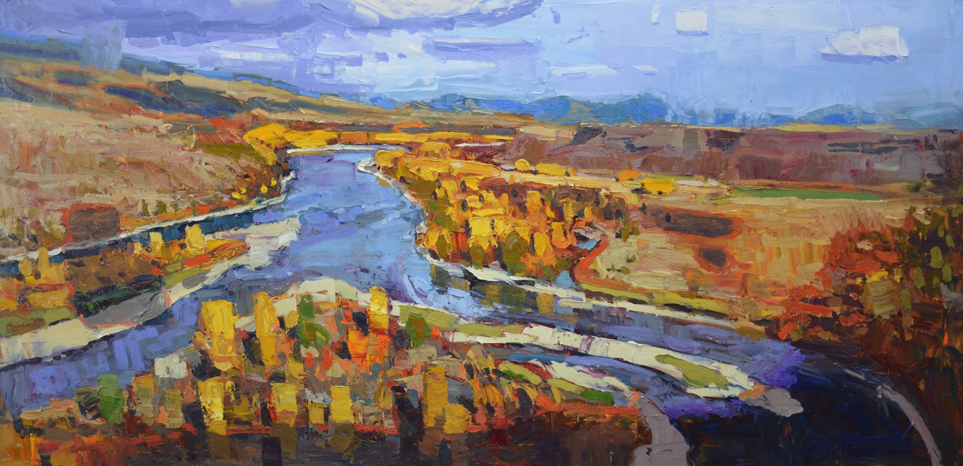 An Original Oil Painting Of An Aerial View Above The Snake River Lined With Fall Colored Trees, By Silas Thompson