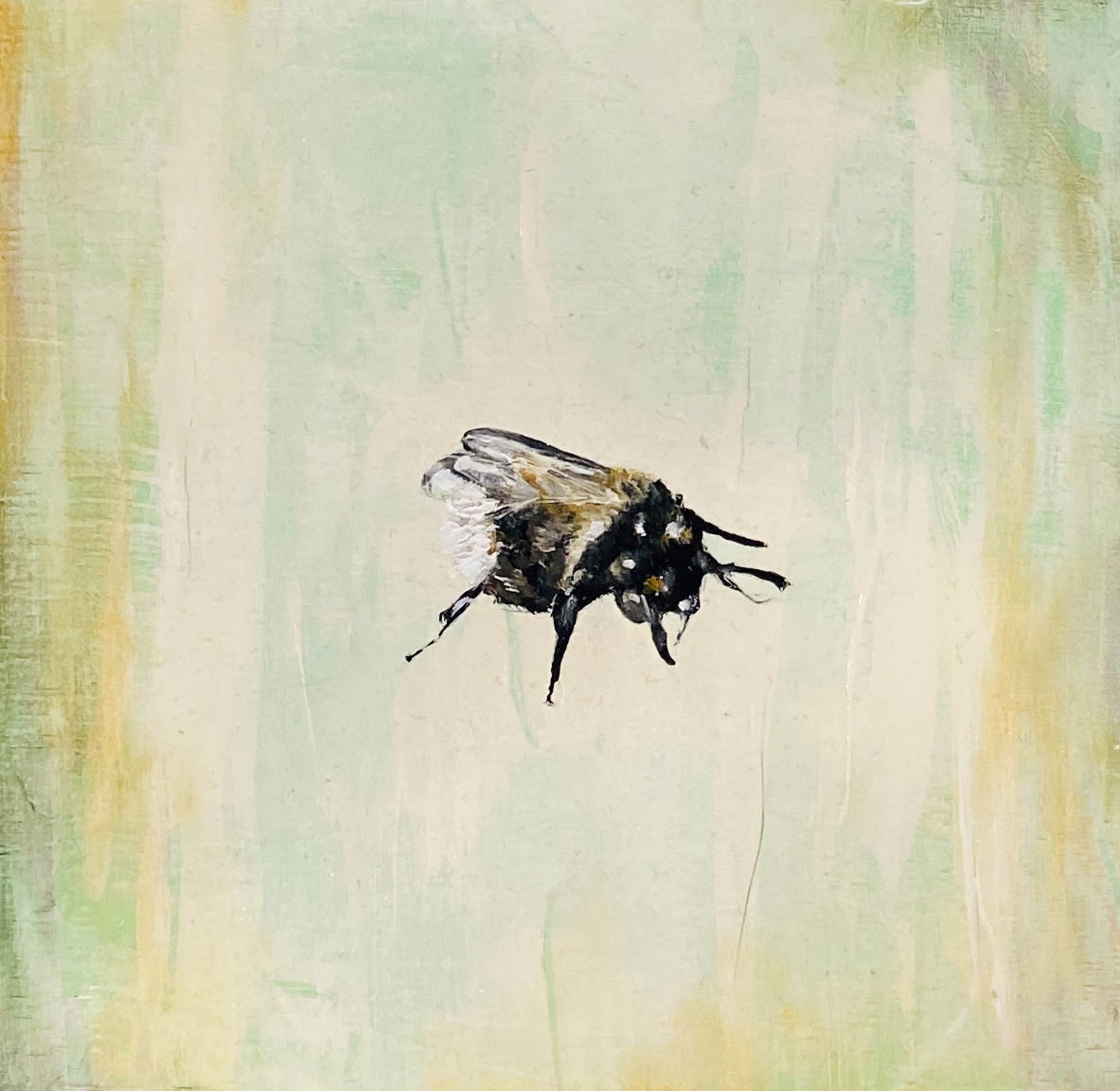 Original Oil Painting Featuring A Single Bumble Bee Over Abstract Background