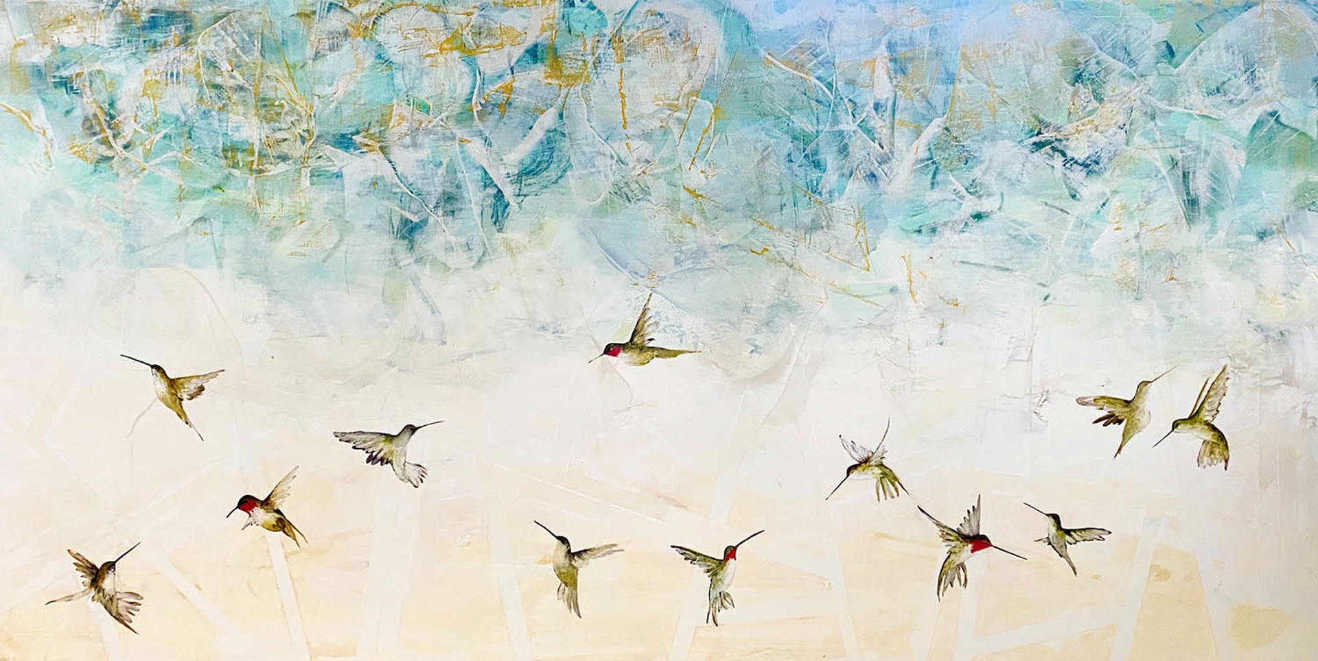 Original Oil Painting By Jenna Von Benedikt Featuring A Flurry Of Hummingbirds In Flight Over Abstract Turquoise To Yellow Gradient Background With Geometric Tape Details