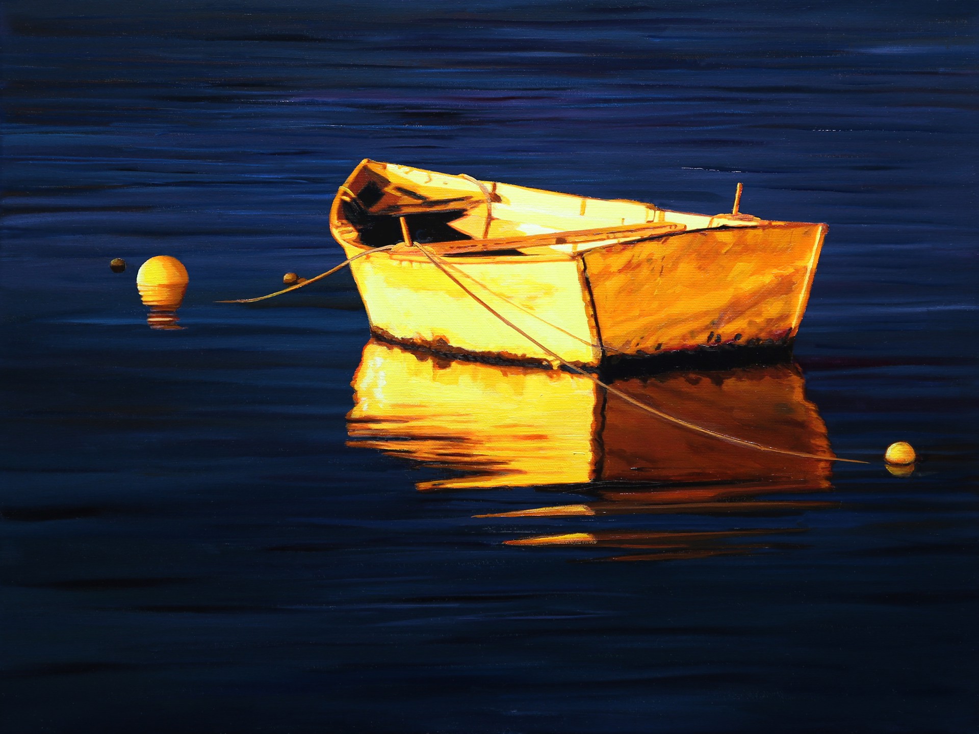 Yellow Skiff and Buoys by Roger Hayden Johnson