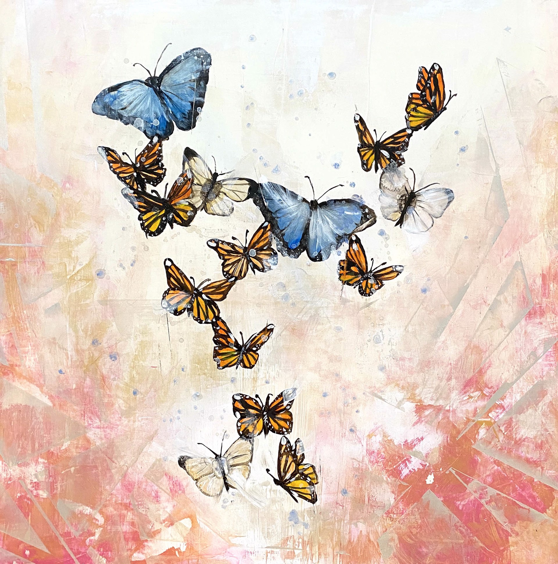 An Oil Painting Of Multiple Colors Of Butterflies In Flight On An Abstract Pink And Cream Colored Background, By Jenna Von Benedikt