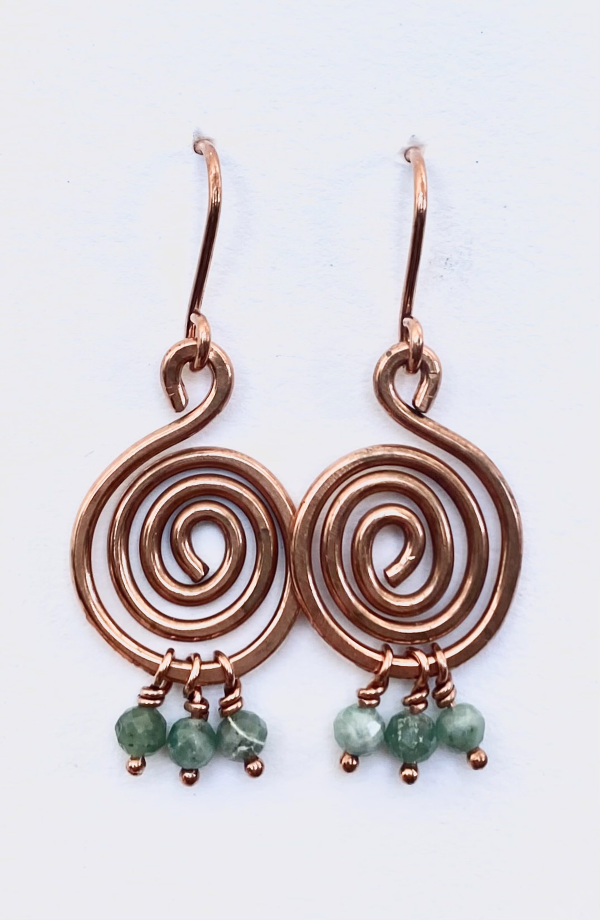 Green Crystal Copper Swirl Earrings by Emelie Hebert