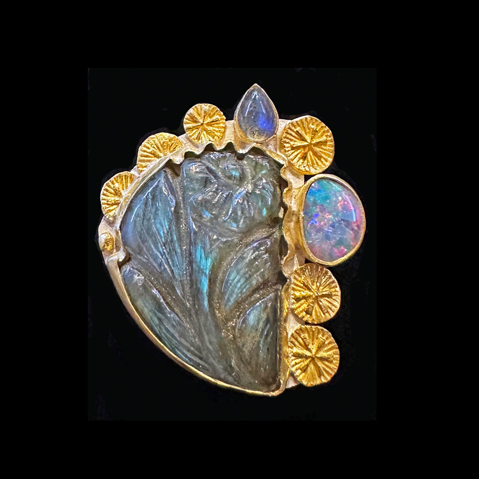 24k Gold and Labradorite, Australian Opal and Moonstone Ring by Marilynn Nicholson
