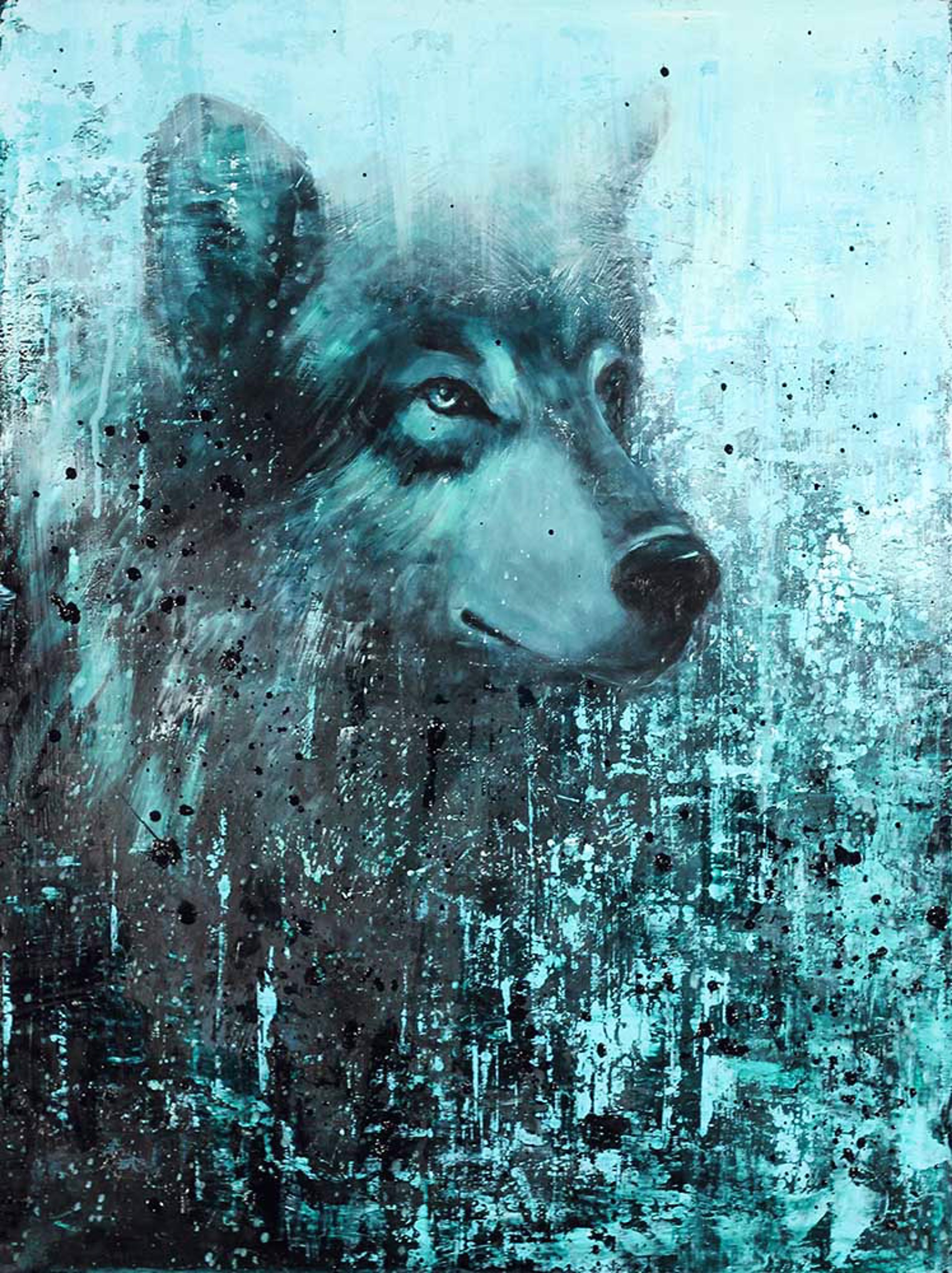 Wolf Profile In Blue Hues Original Painting Using Mixed Media on Panel, A Contemporary Fine Art And Modern Wildlife Art Piece Available At Gallery Wild